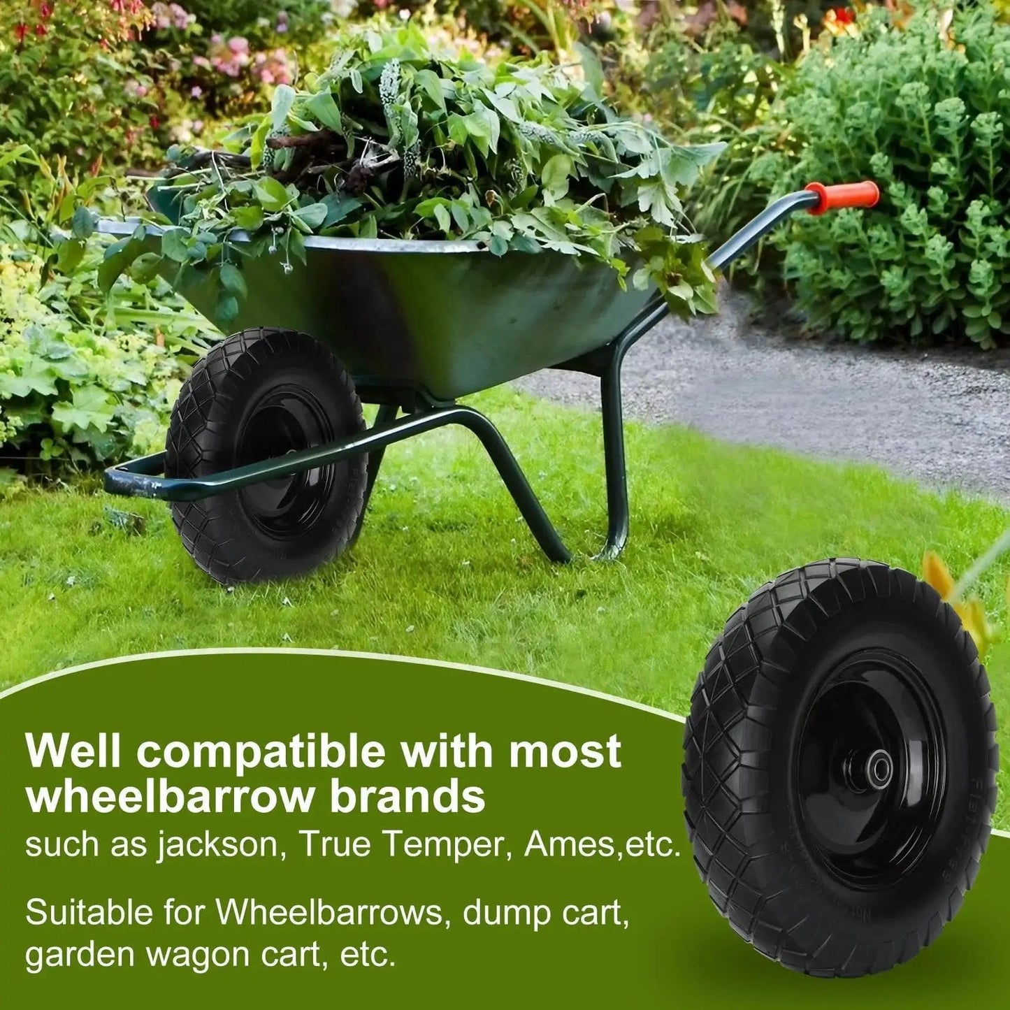 Upgraded 16 Inch Flat Free Wheelbarrow Wheels And Tires With 4.80 4.00 8 Solid Tires And 5/8 And 3/4 Bearings installed on wheelbarrow