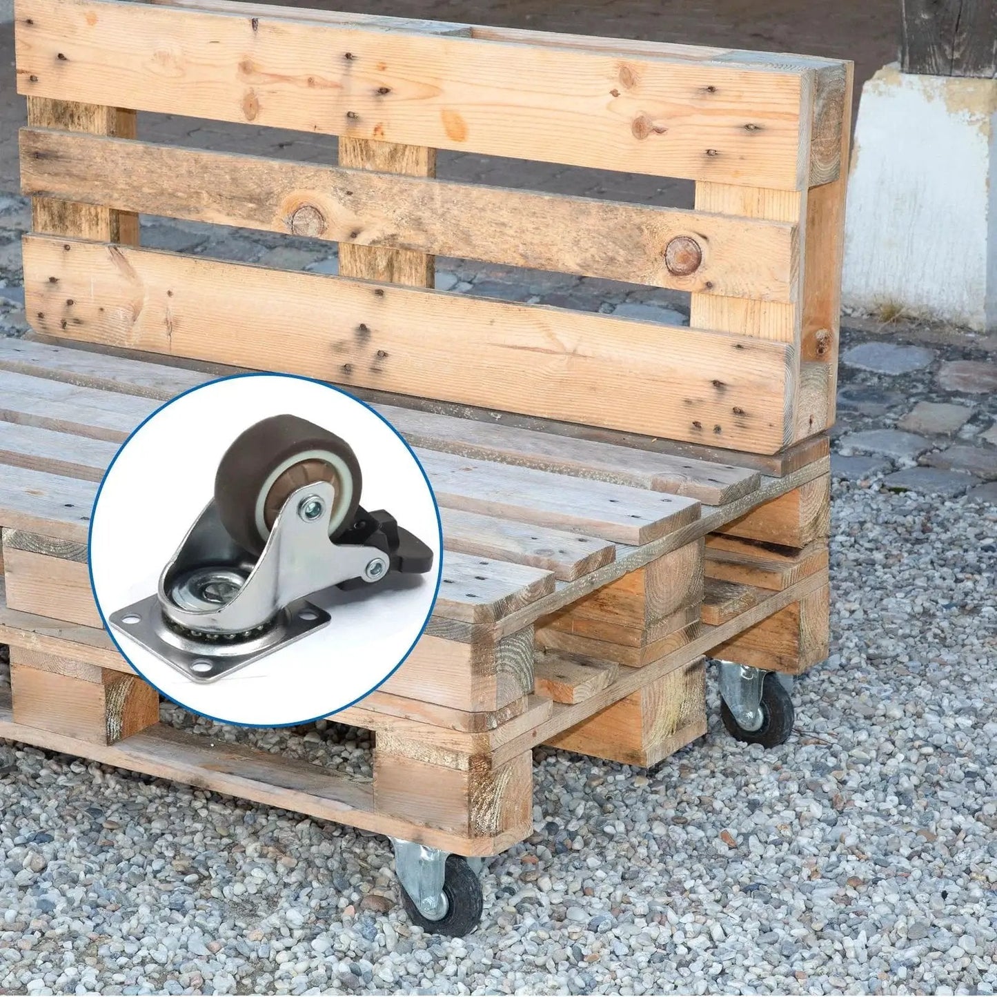 Set Of Four 1-1/2 Inch Low Profile Swivel Casters With Locking Brakes Quiet TPR Rubber Wheels installed on wooden pallet