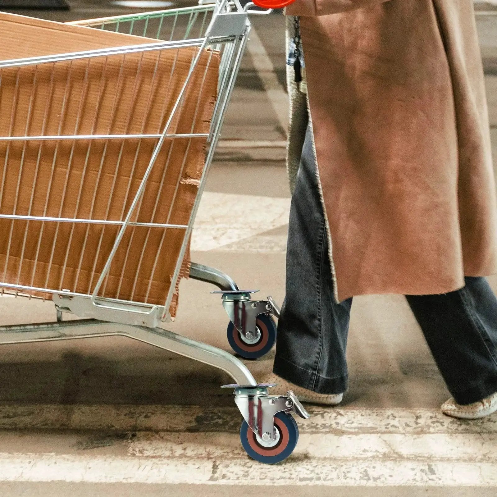 Shopping cart with 8 Pack 3 Inch Caster Wheels Set With Lock Brake Heavy Duty 880 Lb Capacity Swivel Plate Casters installed.