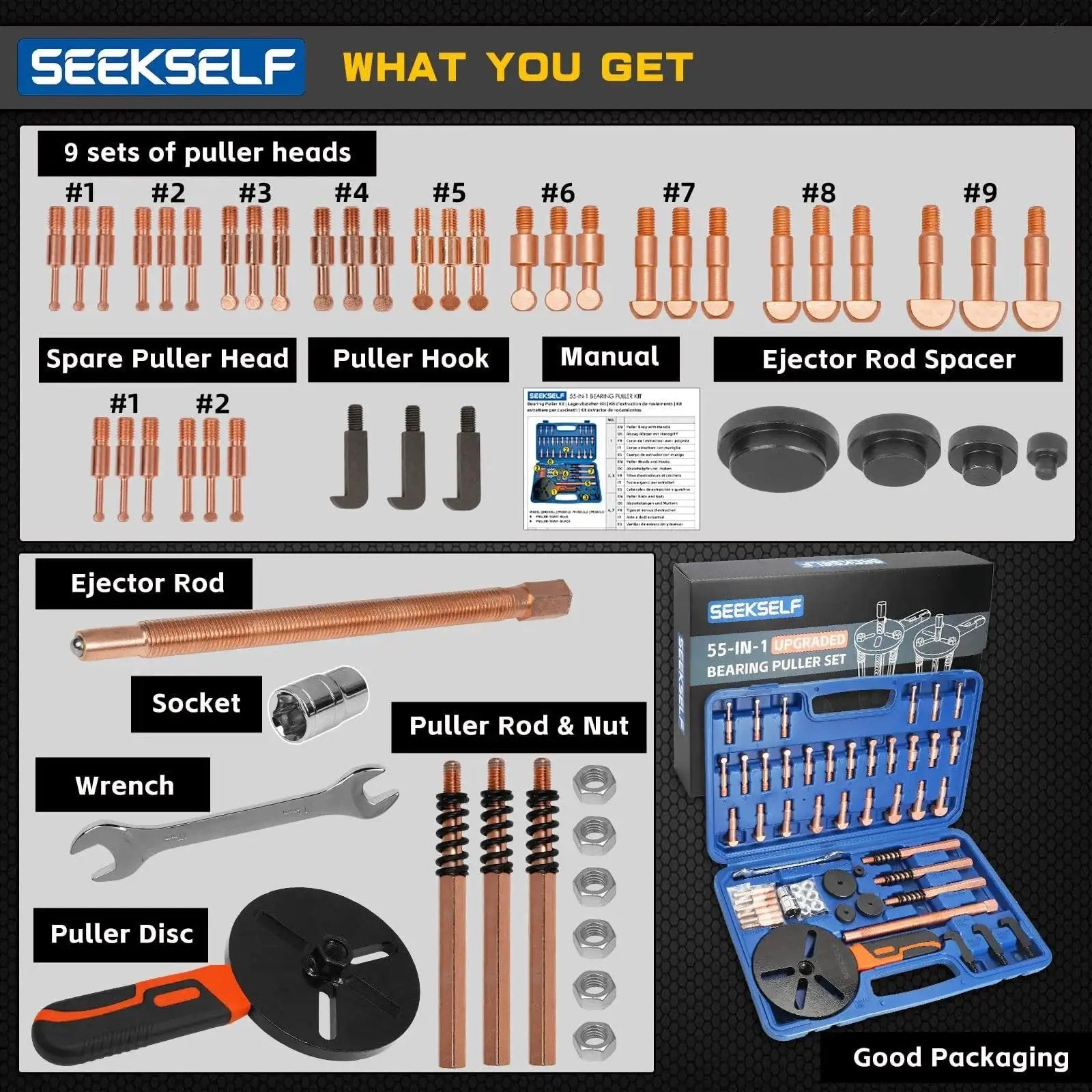 55 In 1 Bearing Puller Kit For Internal And External Bearings With 11 Puller Head Sets and Blue Storage Box overview