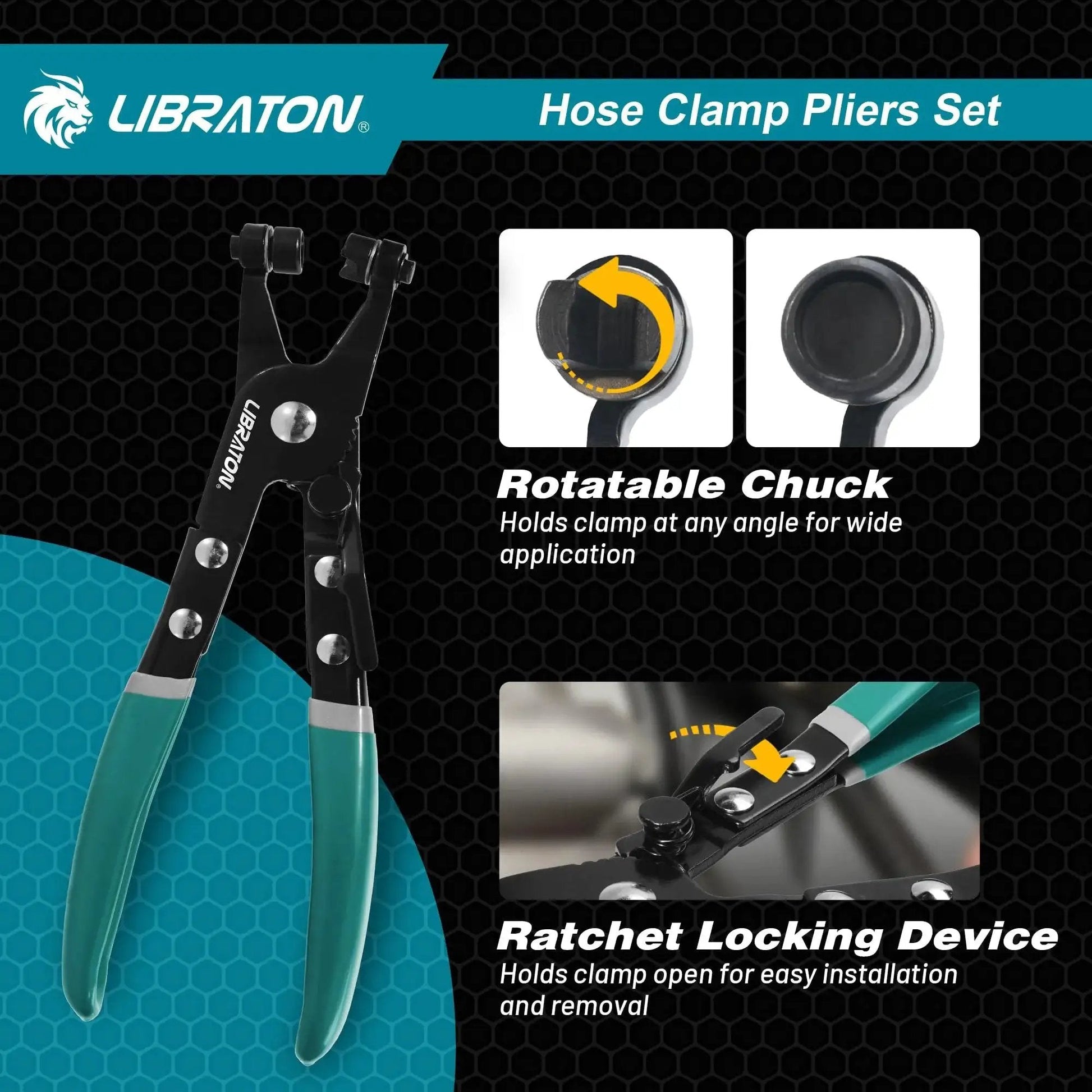 Close-up view of 2 Piece Hose Clamp Pliers Set With Swivel Pliers for removal and installation showing rotatable chuck and ratchet locking device.