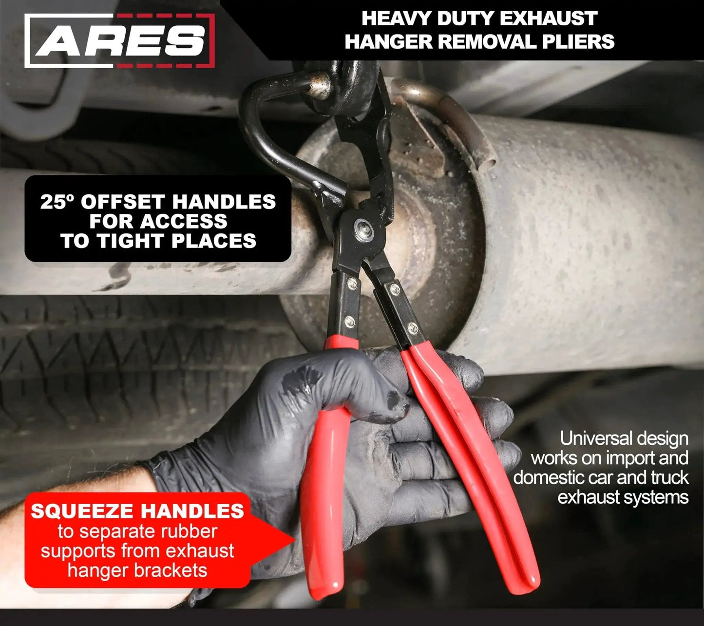 Heavy Duty Exhaust Hanger Removal Pliers With 25 Degree Offset For Hard To Reach being used on exhaust system