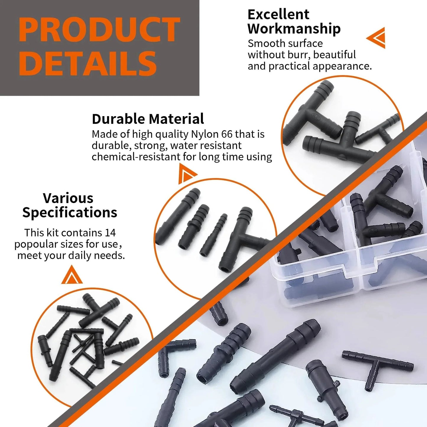 Pro Grade Nylon Black Vacuum Hose Connector Kit For Cars 119-Piece with straight, tee, and reducer connectors in storage box