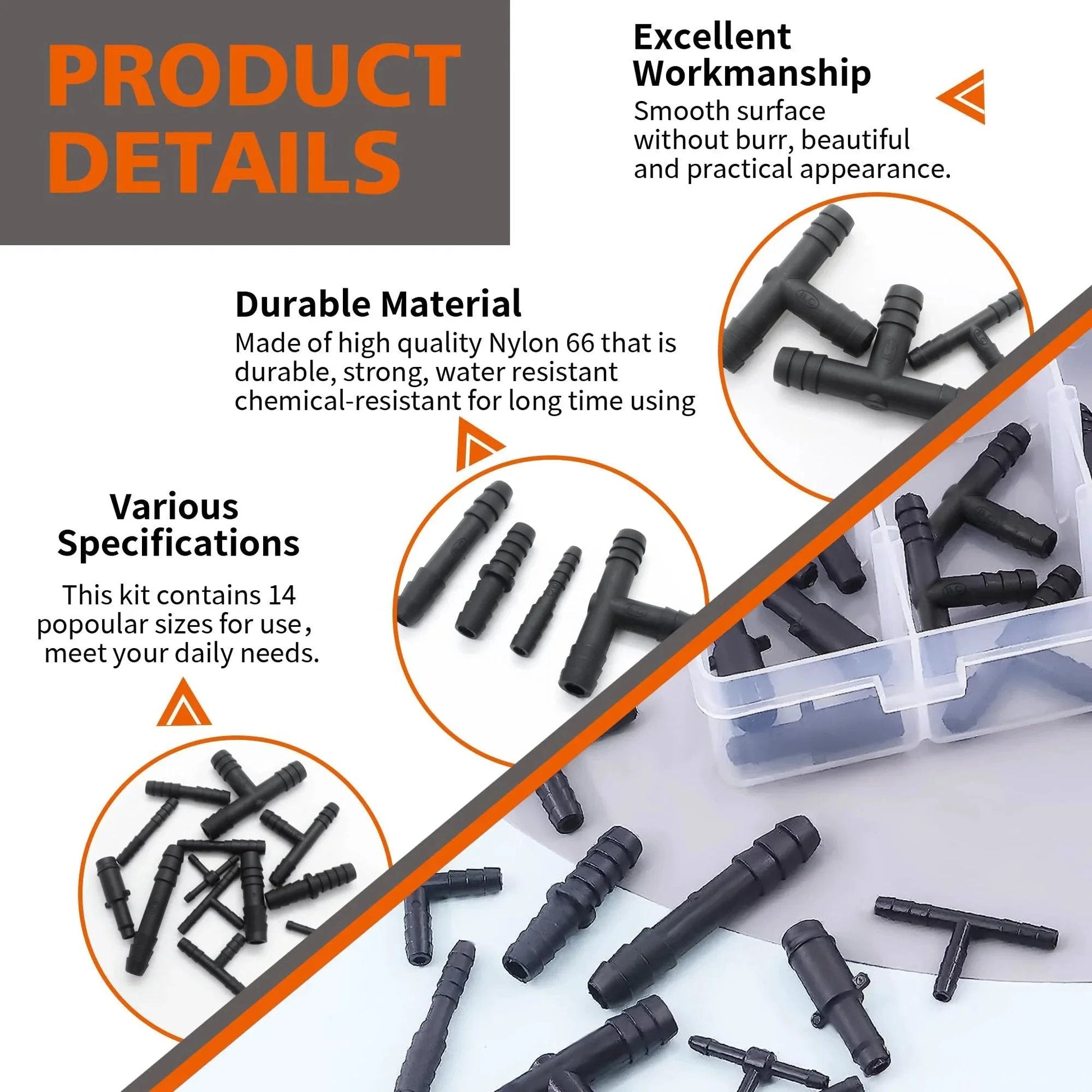Pro Grade Nylon Black Vacuum Hose Connector Kit For Cars 119-Piece with straight, tee, and reducer connectors in storage box
