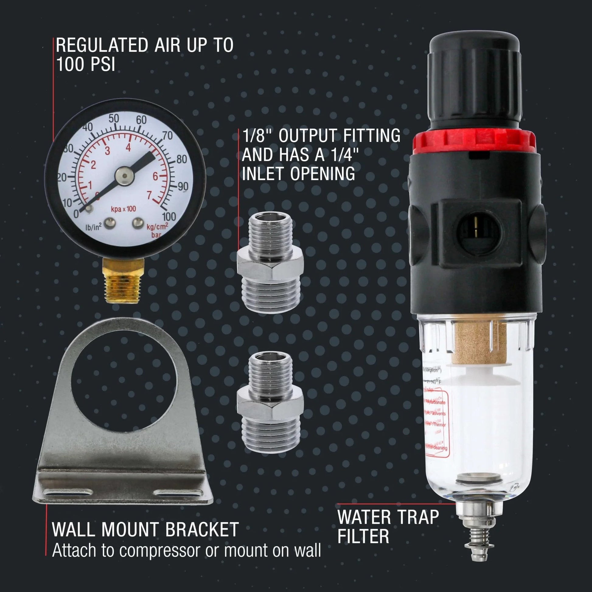 Pro Grade Airbrush Regulator with True Diaphragm Design, gauge, and water moisture trap filter shown with accessories
