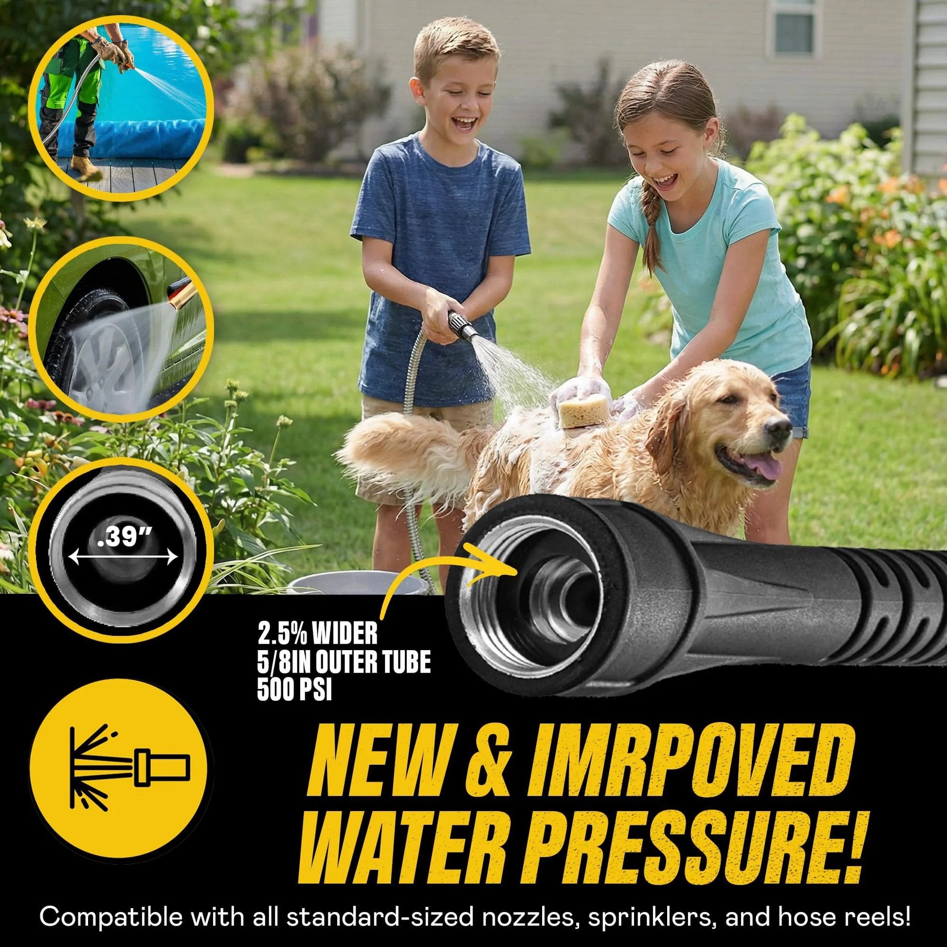 Ultra Durable 50 Ft Five Eighth Inch Stainless Steel Garden Hose With Sprayer Nozzle For Heavy Duty Watering, 500 PSI in use