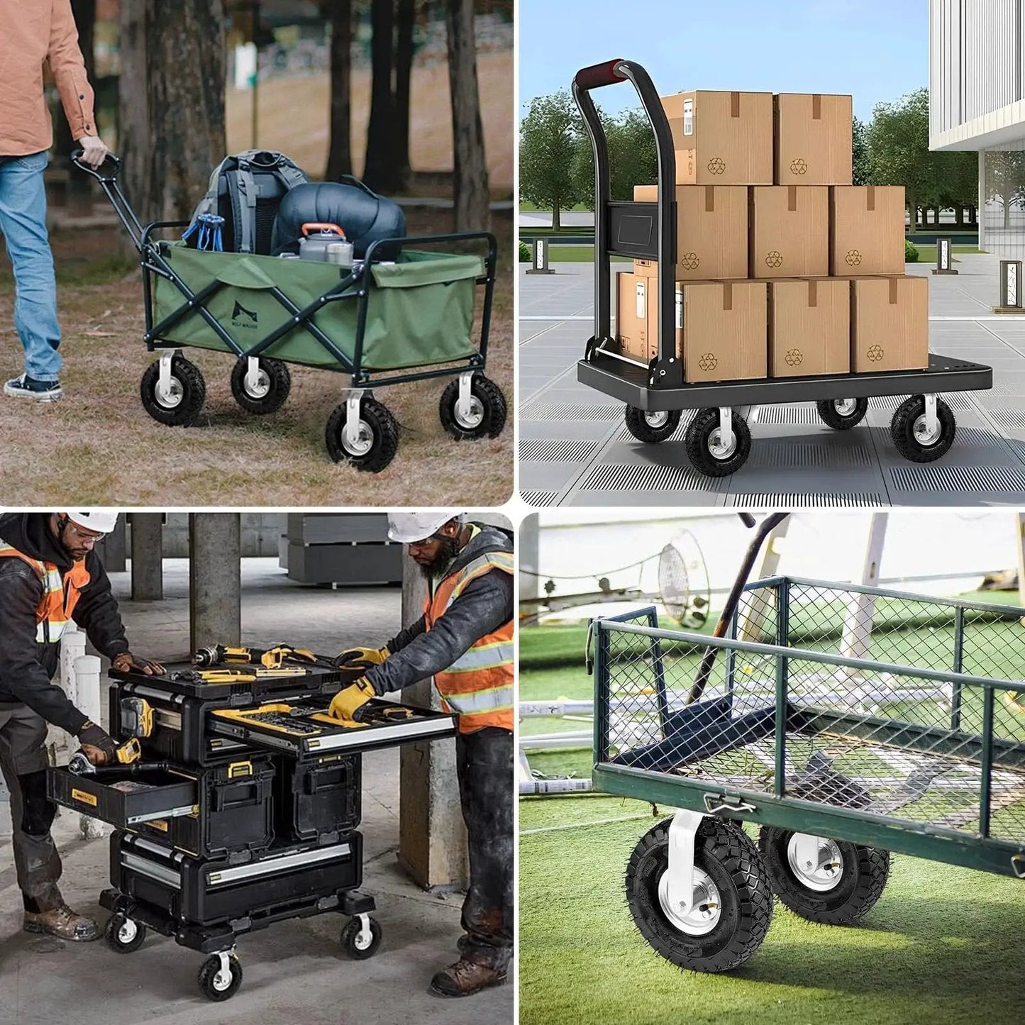Collage of 8 Inch Pneumatic Casters 4 Pack With 2 Swivel And 2 Rigid Heavy Duty Wheels 1200 Lbs Capacity used on carts and trolleys.