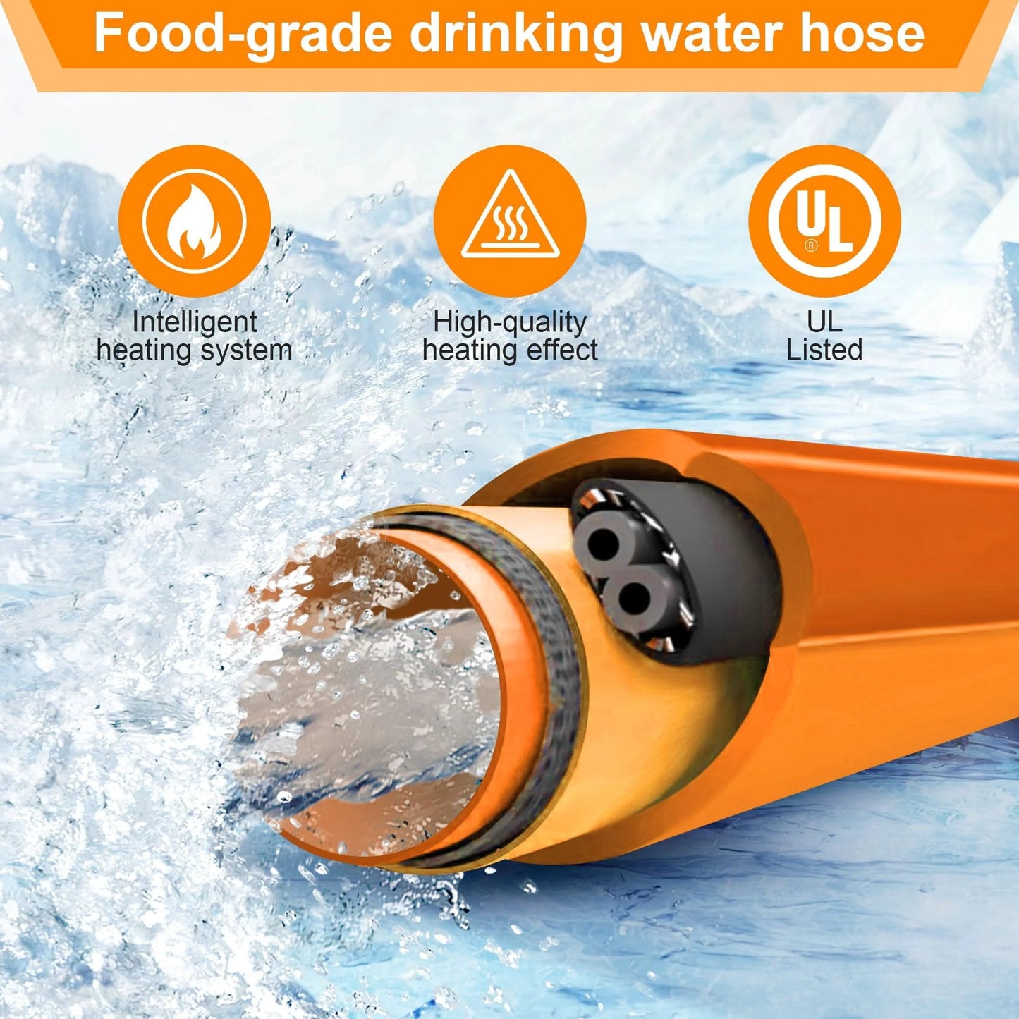 Heavy Duty Twenty Foot Heated RV Water Hose With Self Reg Thermostat For Freezing Conditions Down To Minus Forty Five Fahrenheit Antifreeze Safe Drinking Water Hose BPA Free No Odor Five Eighth Inch Inner Diameter With Three Quarter Inch GHT Adapter diagram