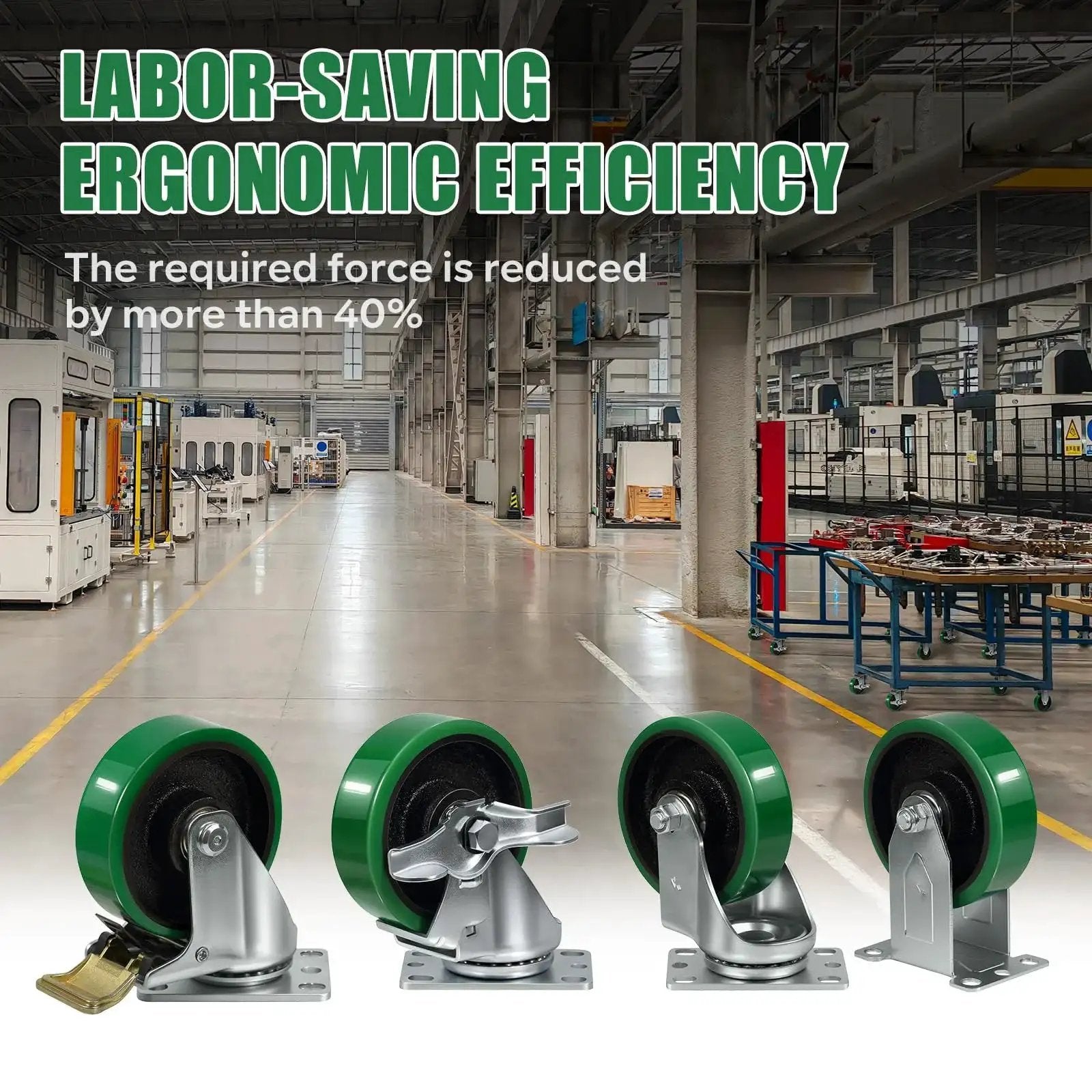 Beefed Up 4 Inch Caster Wheels Set Of 4 With Polyurethane On Cast Iron Core Swivel Casters in an industrial setting
