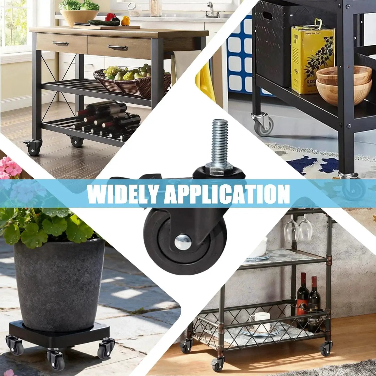 1 Inch Mini Swivel Caster Wheels Set With M6x15mm Threaded Stem Silent TPE Rubber Brake Rollers For Light Furniture And Small Trolleys, 4 Pack, Each 45kg 99lbs Load Capacity, Includes Nuts And Wrench, shown in various furniture applications.
