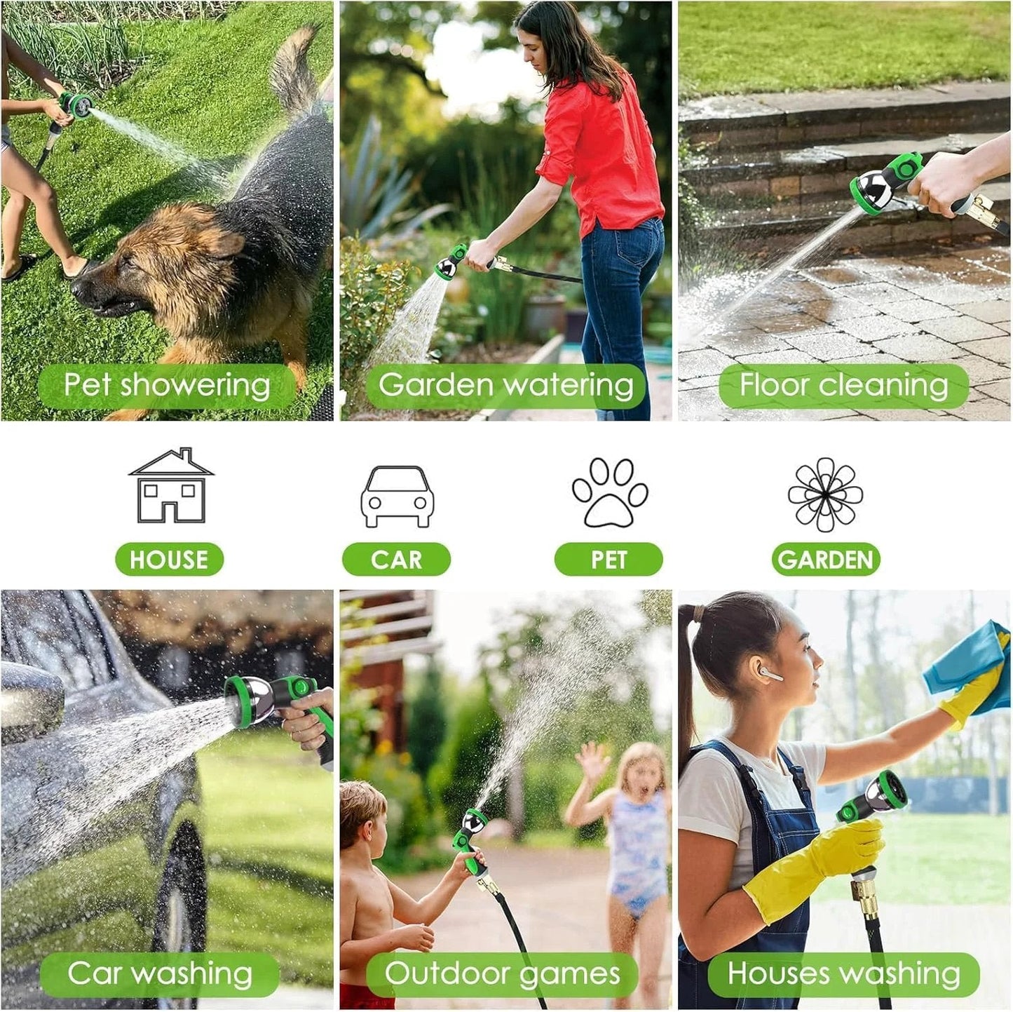 Ultra Lightweight Non Expanding Garden Hose 100 Ft With 10 Pattern Spray Nozzle in use for pet showering, garden watering, floor cleaning, car washing, outdoor games, and house washing.