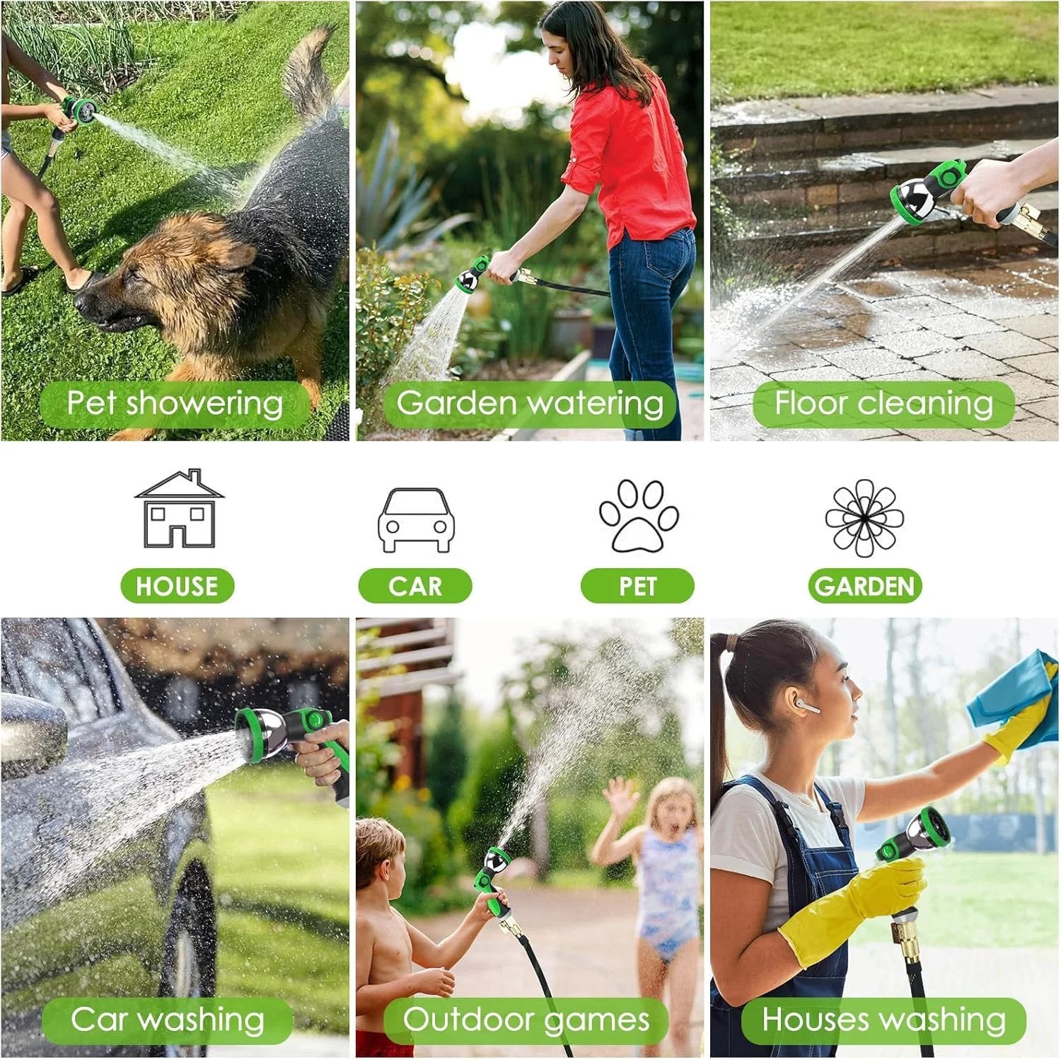 Ultra Lightweight Non Expanding Garden Hose 100 Ft With 10 Pattern Spray Nozzle in use for pet showering, garden watering, floor cleaning, car washing, outdoor games, and house washing.