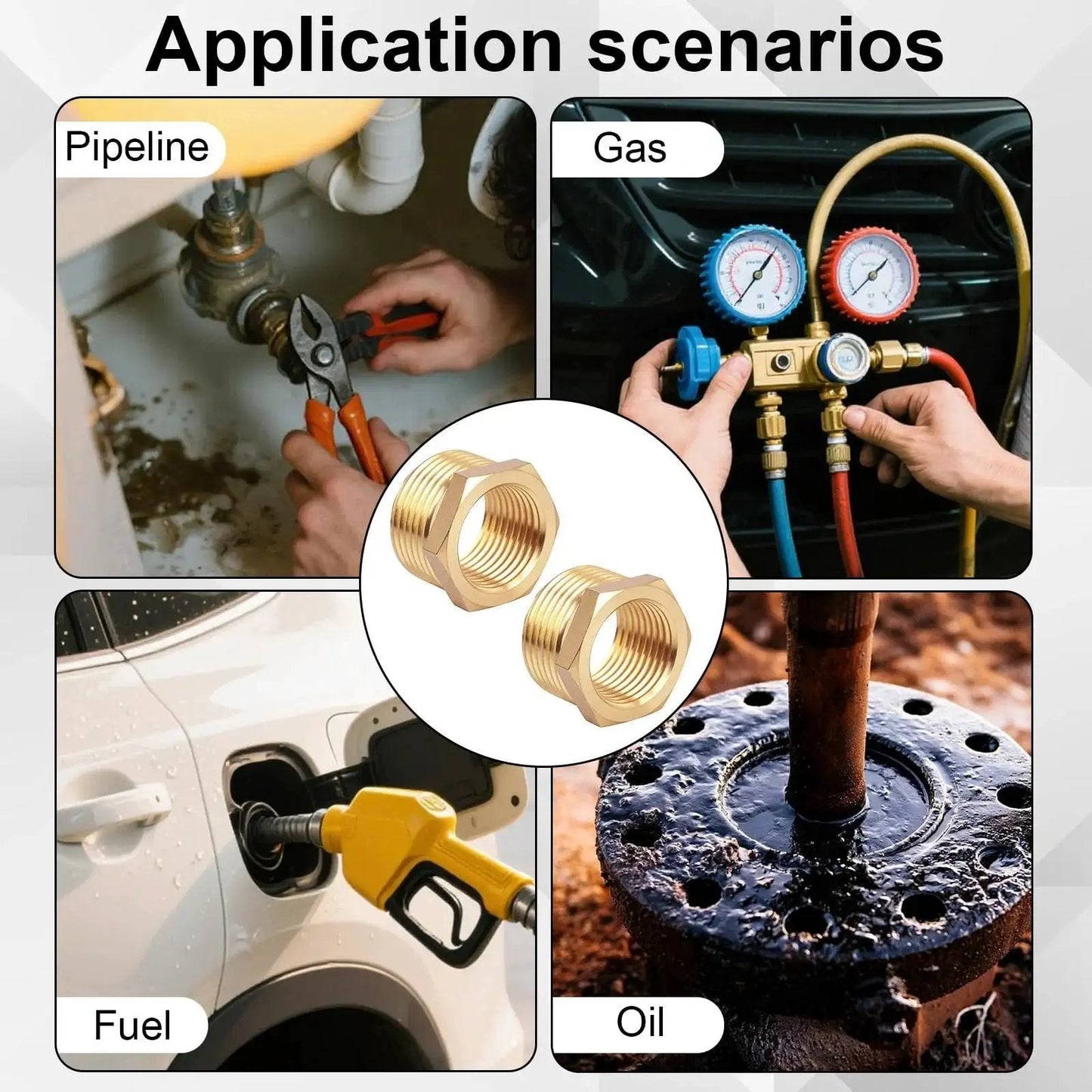 Application scenarios for Brass Reducer Hex Bushing Set 3 4 NPT Male To 1 2 NPT Female including pipeline, gas, fuel, and oil uses.