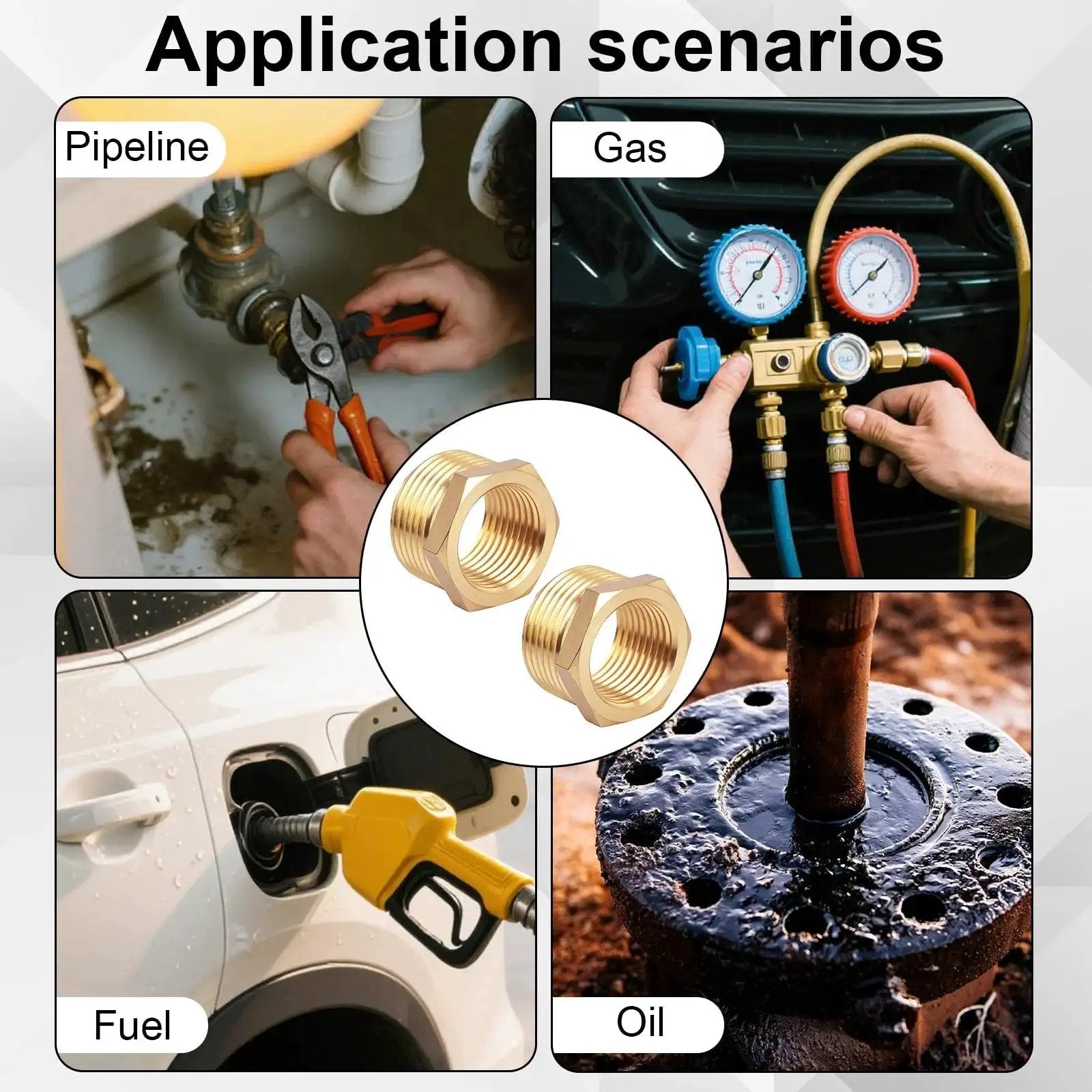 Application scenarios for Brass Reducer Hex Bushing Set 3 4 NPT Male To 1 2 NPT Female including pipeline, gas, fuel, and oil uses.