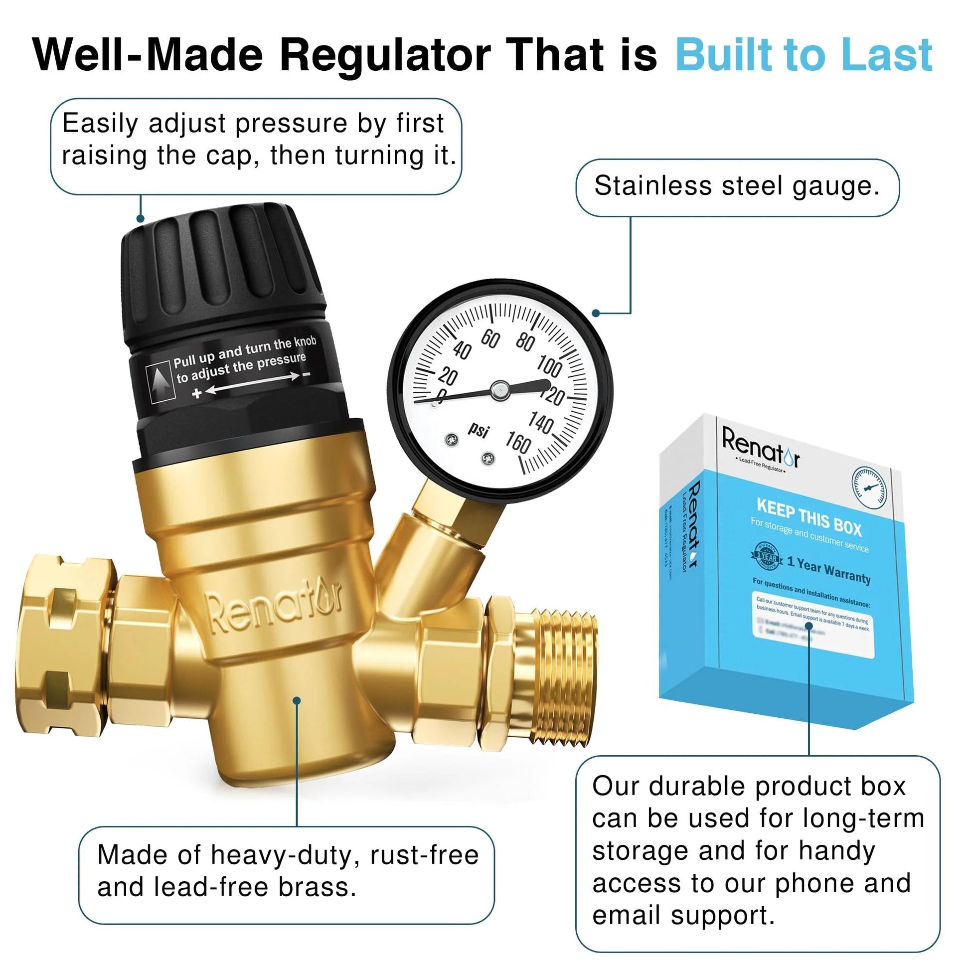 Brass Lead Free RV Water Pressure Regulator With Gauge For Camper And Travel Trailer Adjustable Regulator Valve With Filter Easy Install Keeps Water Pressure In Check For Strong Showers And Smooth Flow M33 0660R shown from the front with gauge.