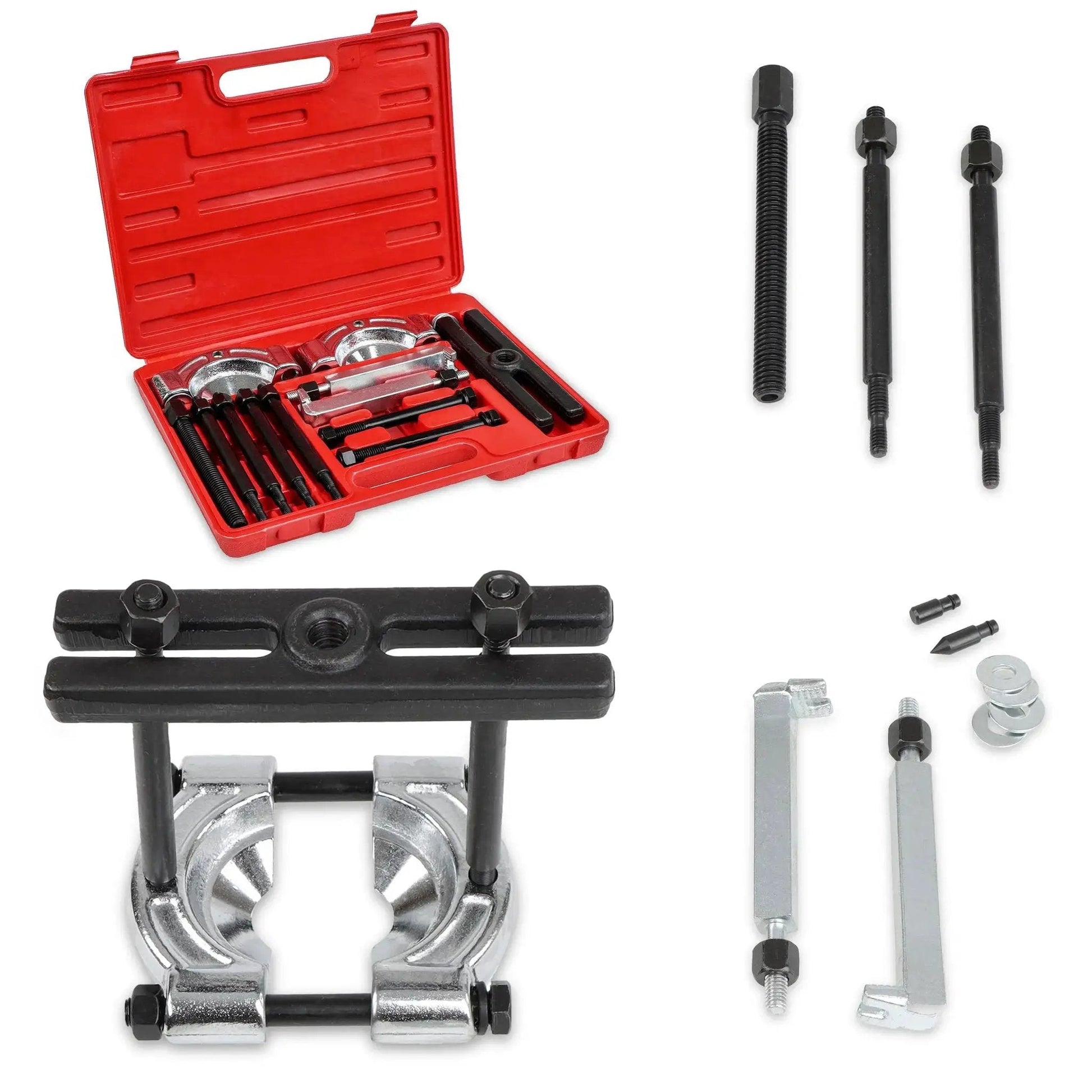 Bearing Puller Kit 14 Piece 5 Ton Automotive Bearing Separator in red case with 2 and 3 inch jaws, chrome plated steel construction