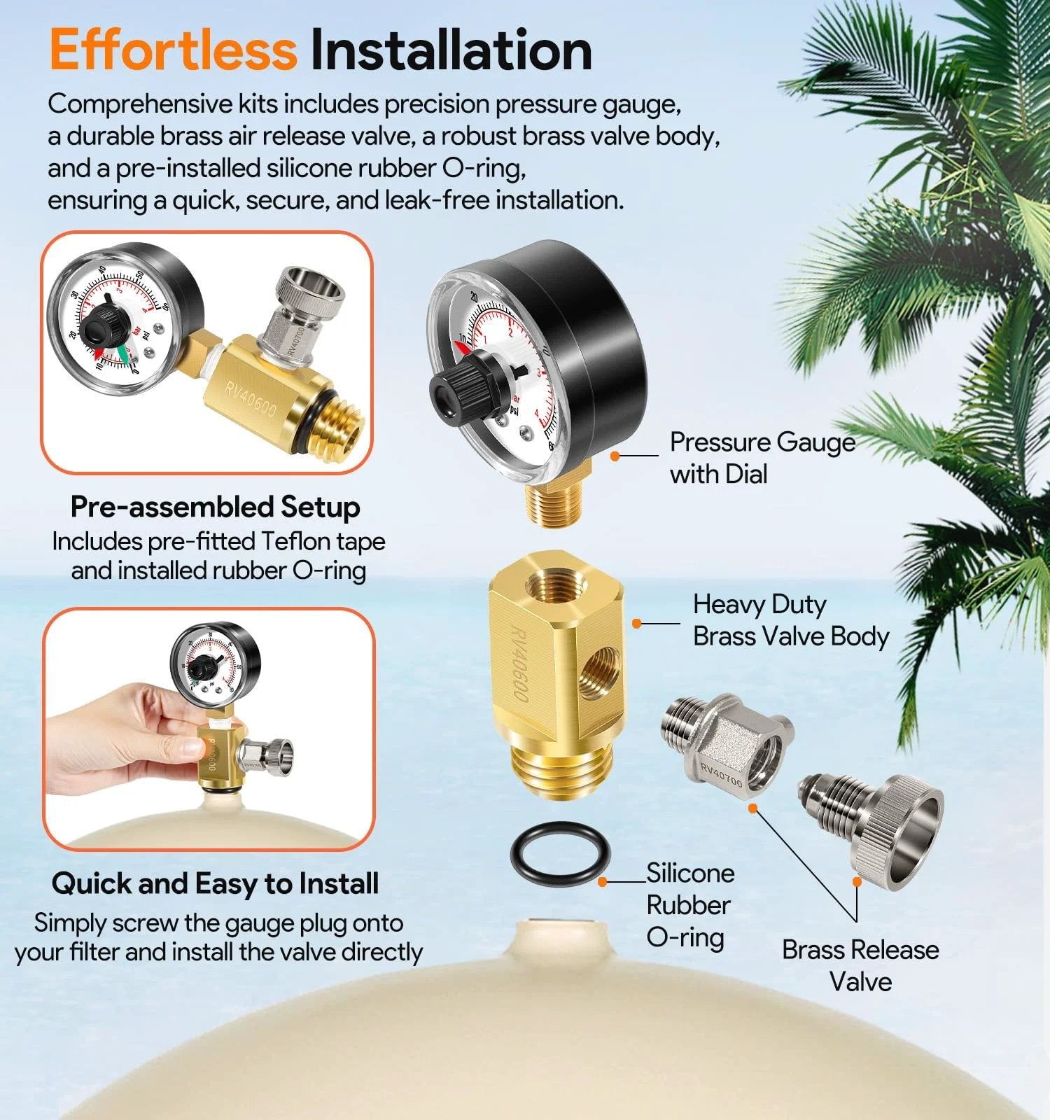 Brass Air Relief Valve With Pressure Gauge For Pool Filters Replacement Parts No Fuss Compatibility With FNS FNS Plus