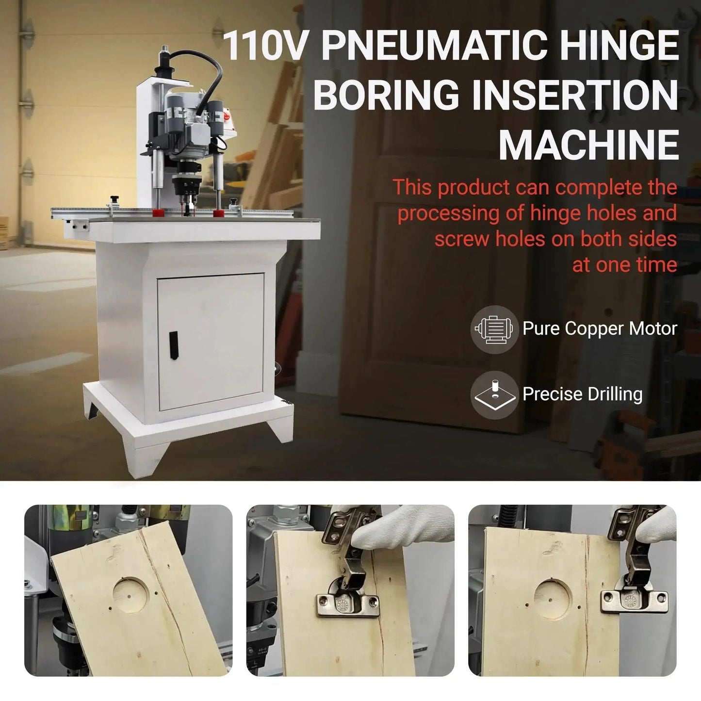 Pro Grade Pneumatic Hinge Drilling Machine For Furniture And Cabinet Installations 110V Upward Punching Single Head 0-50mm Drill Depth
