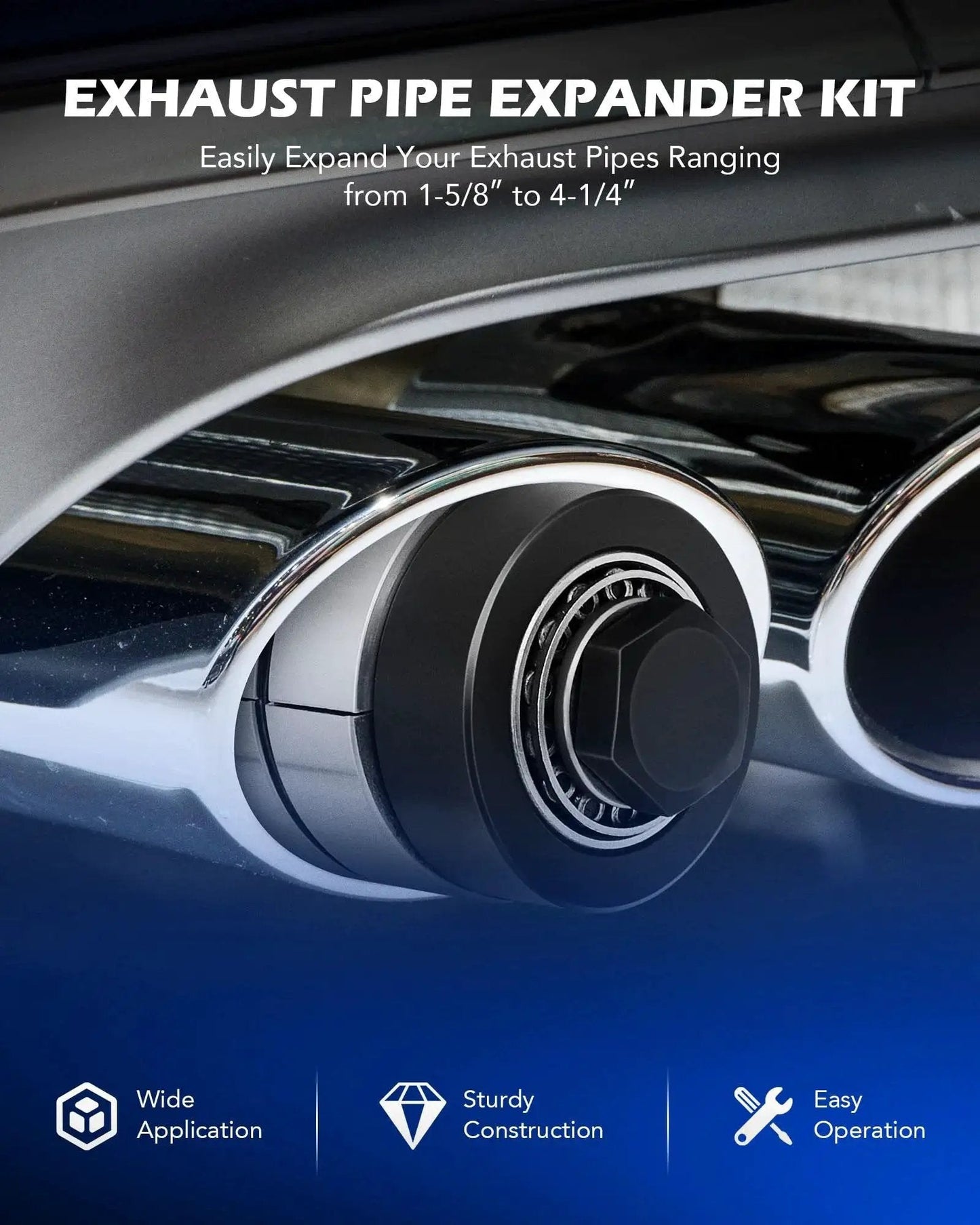 View of the Exhaust Pipe Expander Kit 1 5 Eighth To 4 1 Quarter Inch Hex 28 Mm Storage Case in action on exhaust pipes.