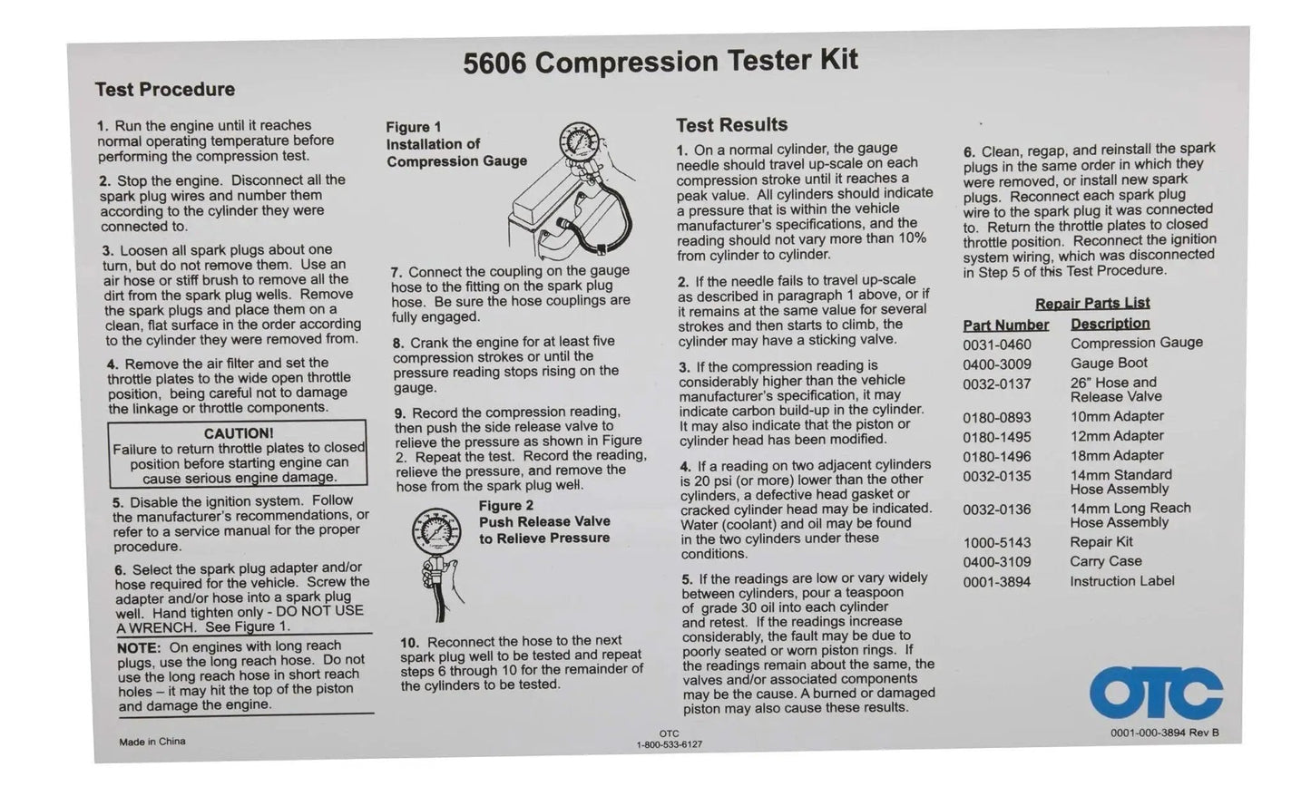 Instruction card for Engine Compression Tester Kit with 14mm Flex Probes and 10 12 18mm Adapters detailing usage steps.