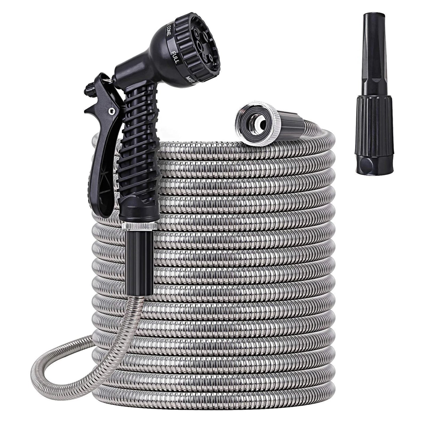 Heavy Duty 25 Ft Stainless Steel Water Hose With Two Nozzles, Lightweight Metal Garden Hose That Won't Tangle Or Kink, coiled with nozzles