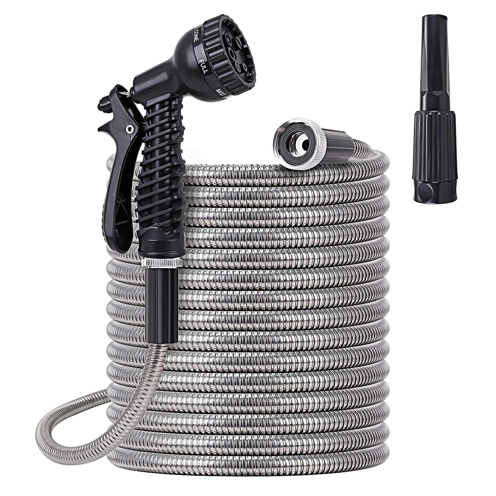 Heavy Duty 25 Ft Stainless Steel Water Hose With Two Nozzles, Lightweight Metal Garden Hose That Won't Tangle Or Kink, coiled with nozzles