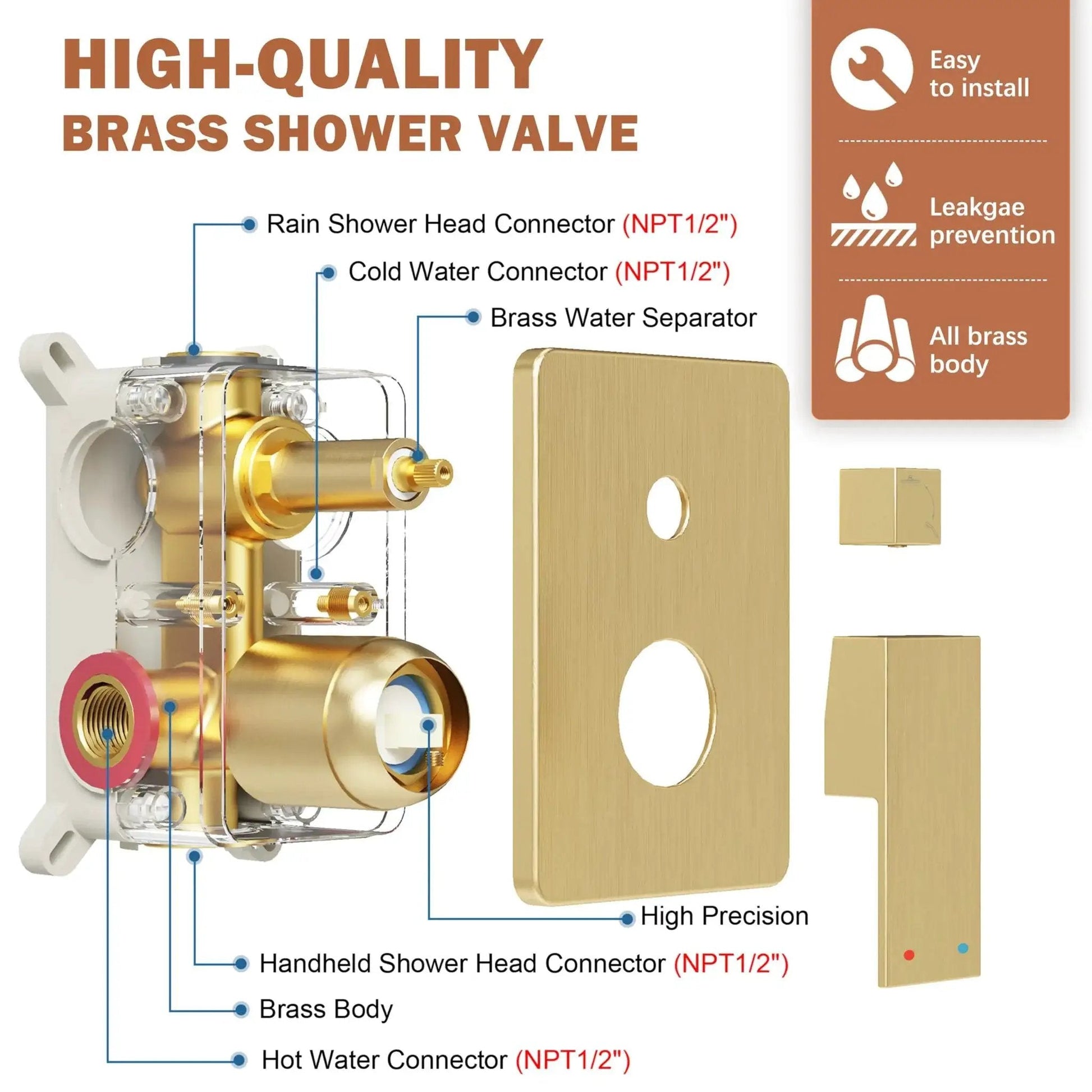 Diagram showing a brass shower valve system with connectors, including a rain shower head connector and handheld connector.