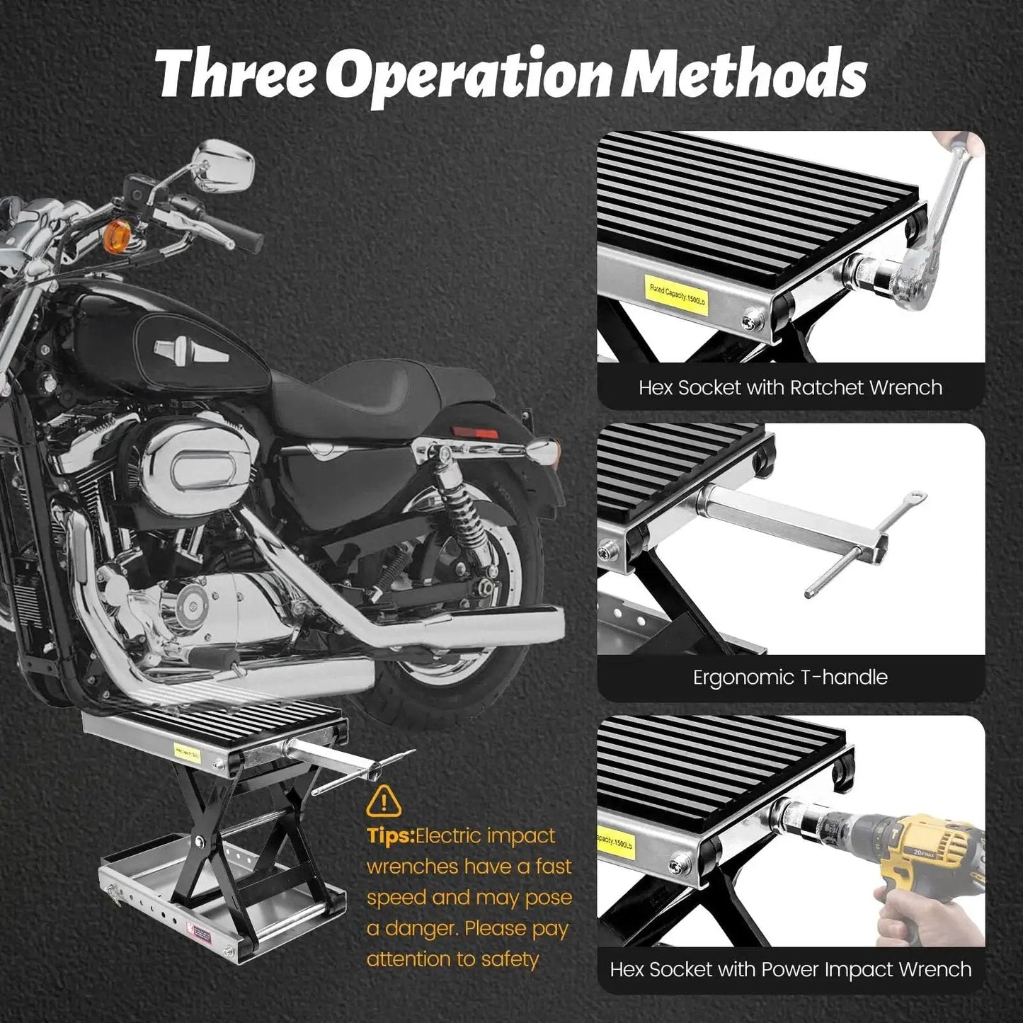 Motorcycle on Beefy 1500 Lbs Motorcycle Jack With Thick 0.48 Inch Rubber Pad, showing tools for operation methods.