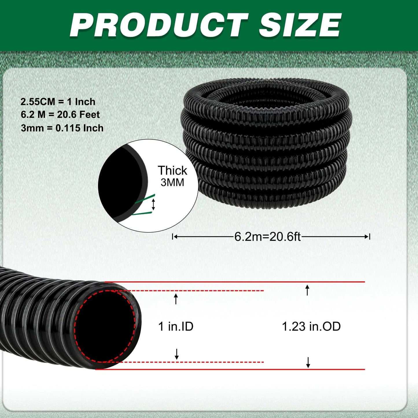 Flexible 1 Inch ID Corrugated Pond Hose For Aquarium And Pond Waterfall Systems, 20.6 Ft Black PVC Kinkproof Tubing Coiled
