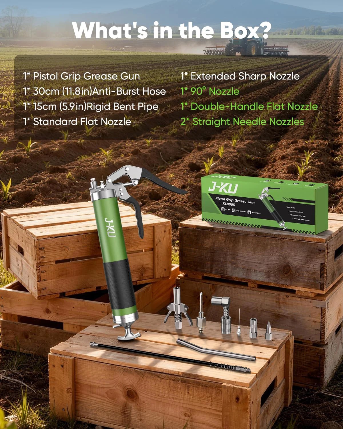 Heavy Duty 8000 PSI Manual Grease Gun Kit With Pistol Grip Air Bleed Valve Easy Priming Flexible Hose Six Nozzles 14 Oz Cartridge