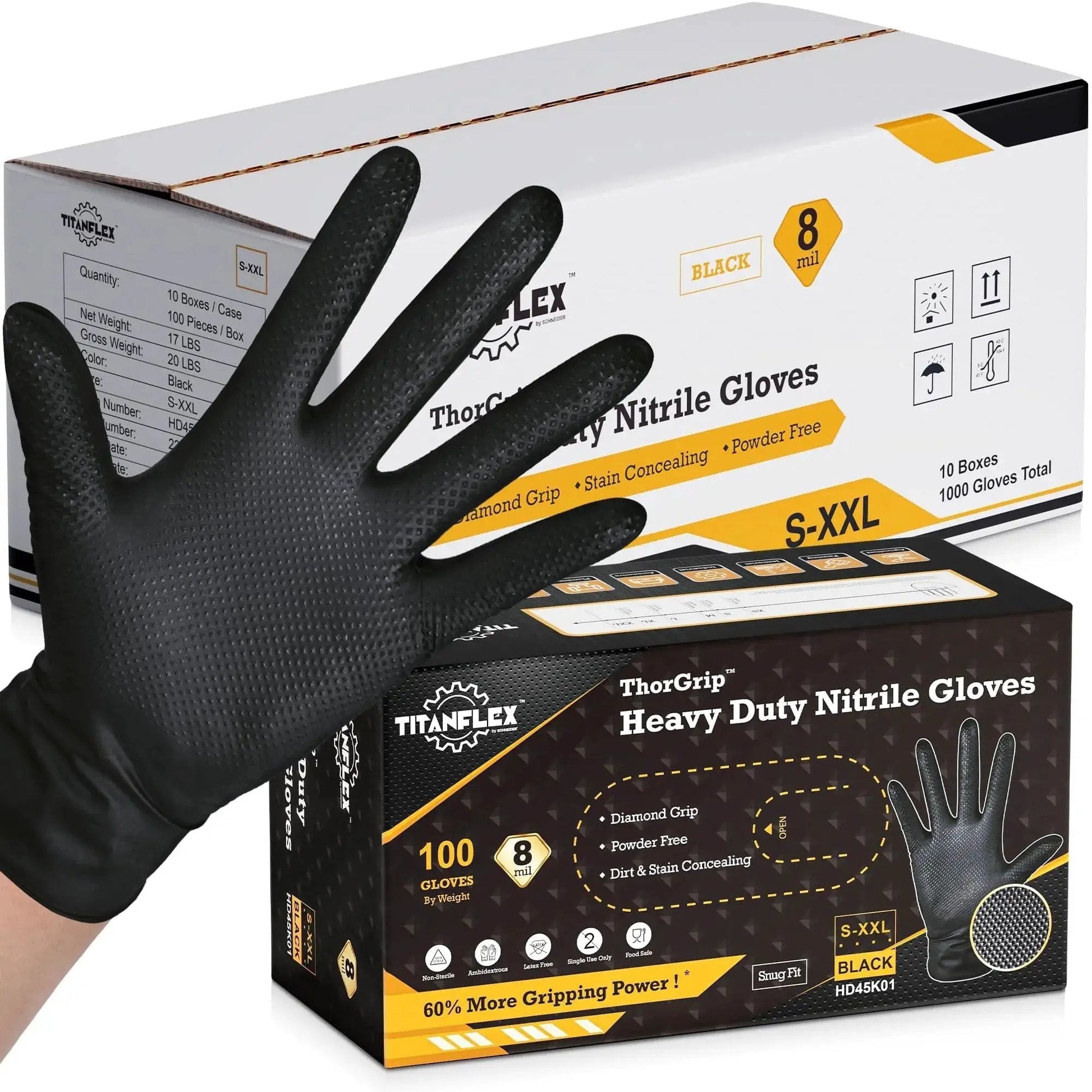 Heavy Duty Black Nitrile Gloves 8 Mil Diamond Texture Powder Free Food Safe 1000 box and glove