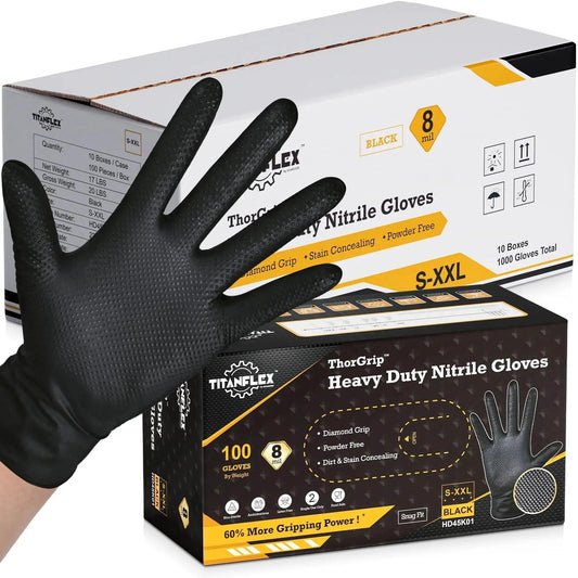 Heavy Duty Black Nitrile Gloves 8 Mil Diamond Texture Powder Free Food Safe 1000 box and glove