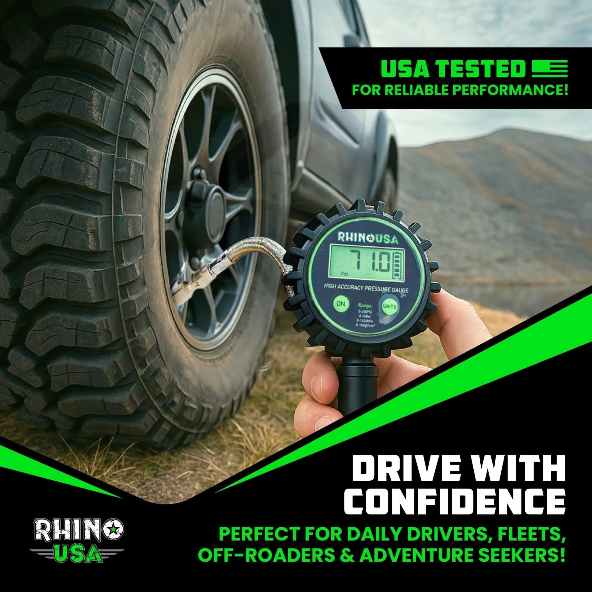 Using the All In One 3 In One Tire Pressure Tool With Inflator Gauge Bleed Valve And Hose 0 To 200 PSI For Trucks And RVs With Stainless Braided Hose Large 2 Inch Dial And Solid Brass Hardware Rhino USA on truck tire.