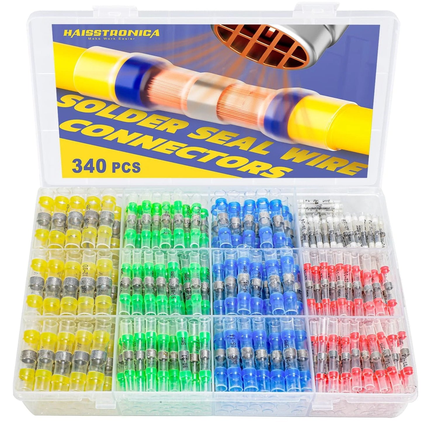 340 Pcs Solder Seal Wire Connectors Kit Dockside Ready Marine Grade Heat Shrink Butt Splice Terminals For Marine Electrical Weatherproof Corrosion Resistant With 5 Colors And 5 Sizes 26 To 10 AWG in open box