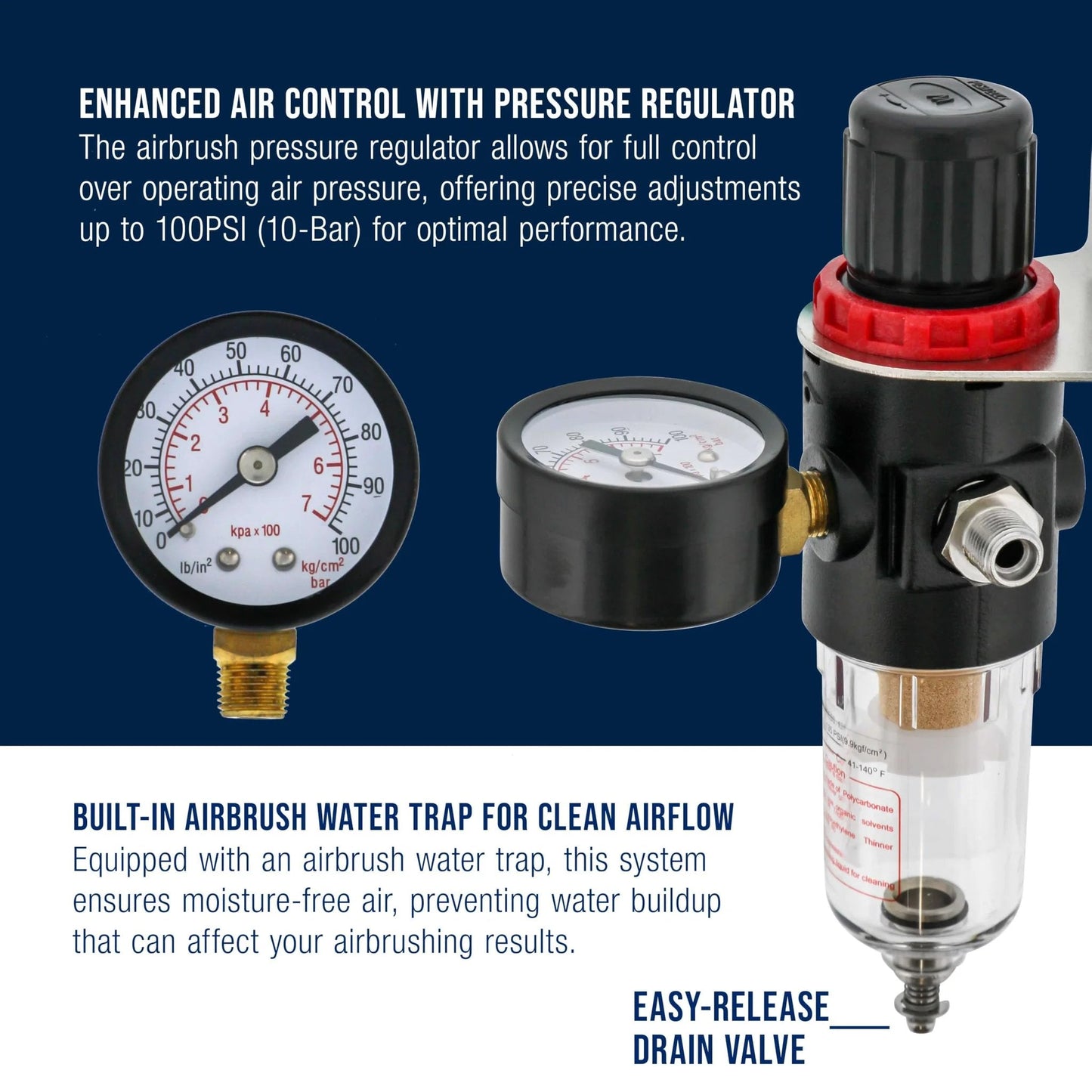 Pro Grade Airbrush Regulator With True Diaphragm Design, Gauge, Water Moisture Trap And Filter shown with pressure gauge and trap