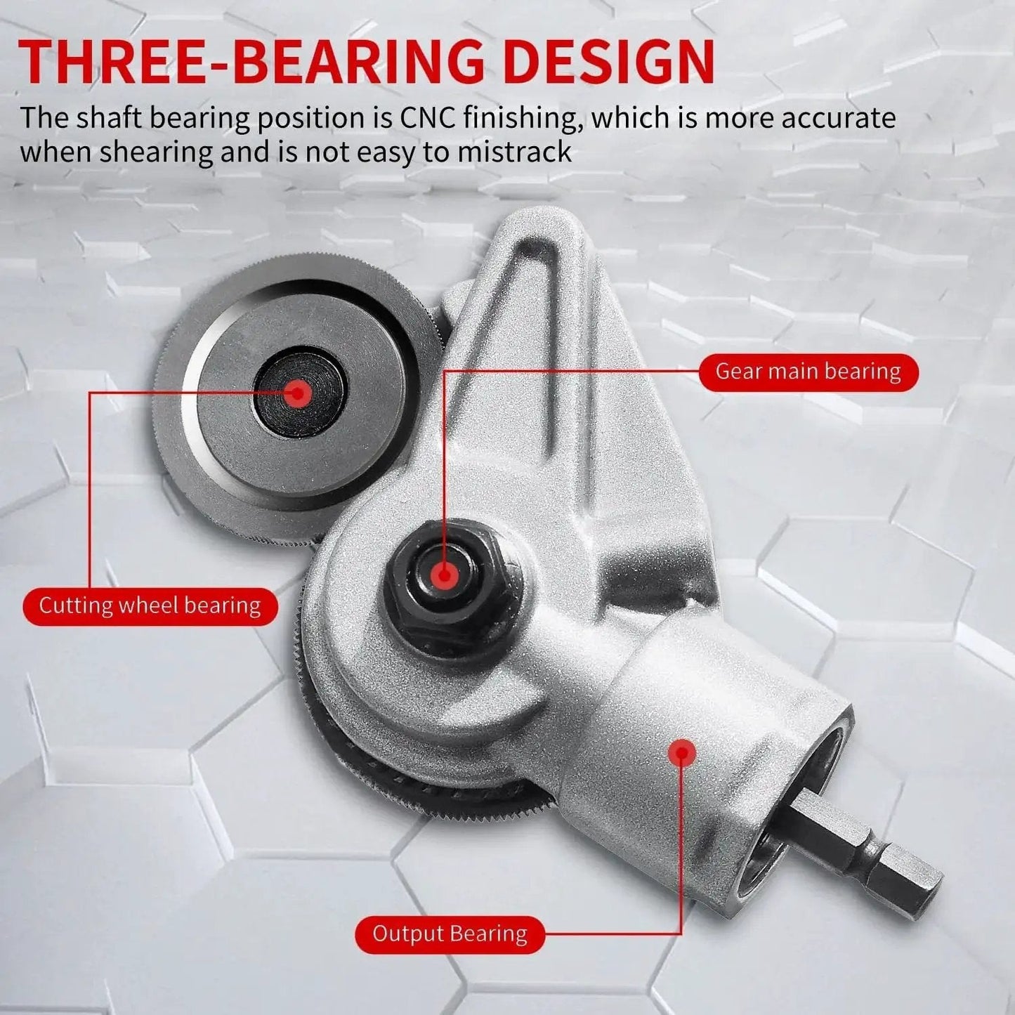 Drill Cut Pro Metal Cutting Adapter For Electric Drills, close-up view, featuring CNC bearings and serrated front wheel for cutting.