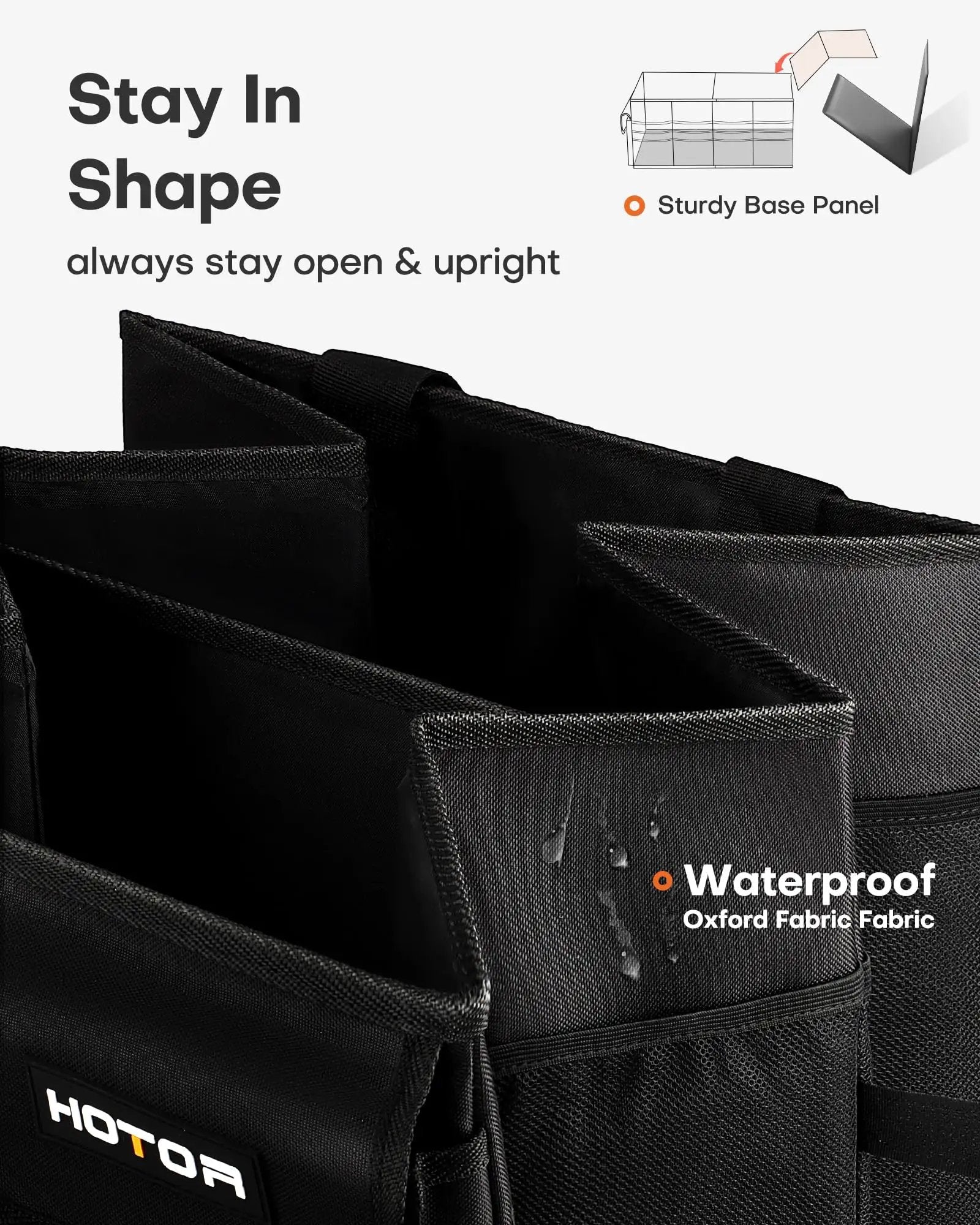 Foldable Car Trunk Organizer For SUVs And Sedans With Two Large Compartments And Six Mesh Pockets Keeps Groceries Tools And Gear Neat And Ready For Any Trip On The Go In Black, showing sturdy base panel and waterproof fabric.