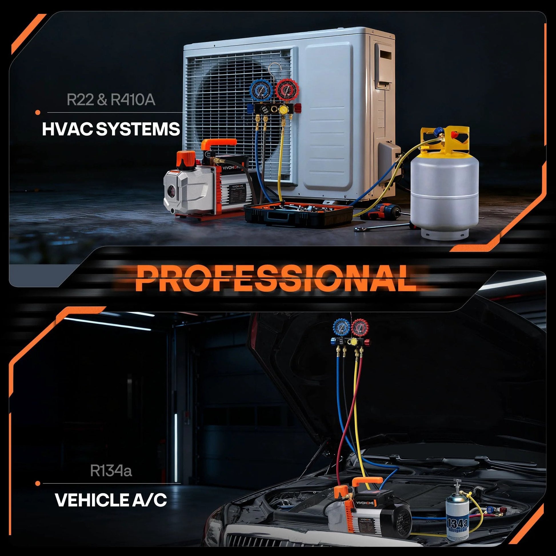 Pro Grade 3/4 HP Vacuum Pump Kit With 7.2 CFM Dual Stage Deep Vacuum, 4 Way Manifold Gauge, 5Ft Hoses used in HVAC and vehicle A/C