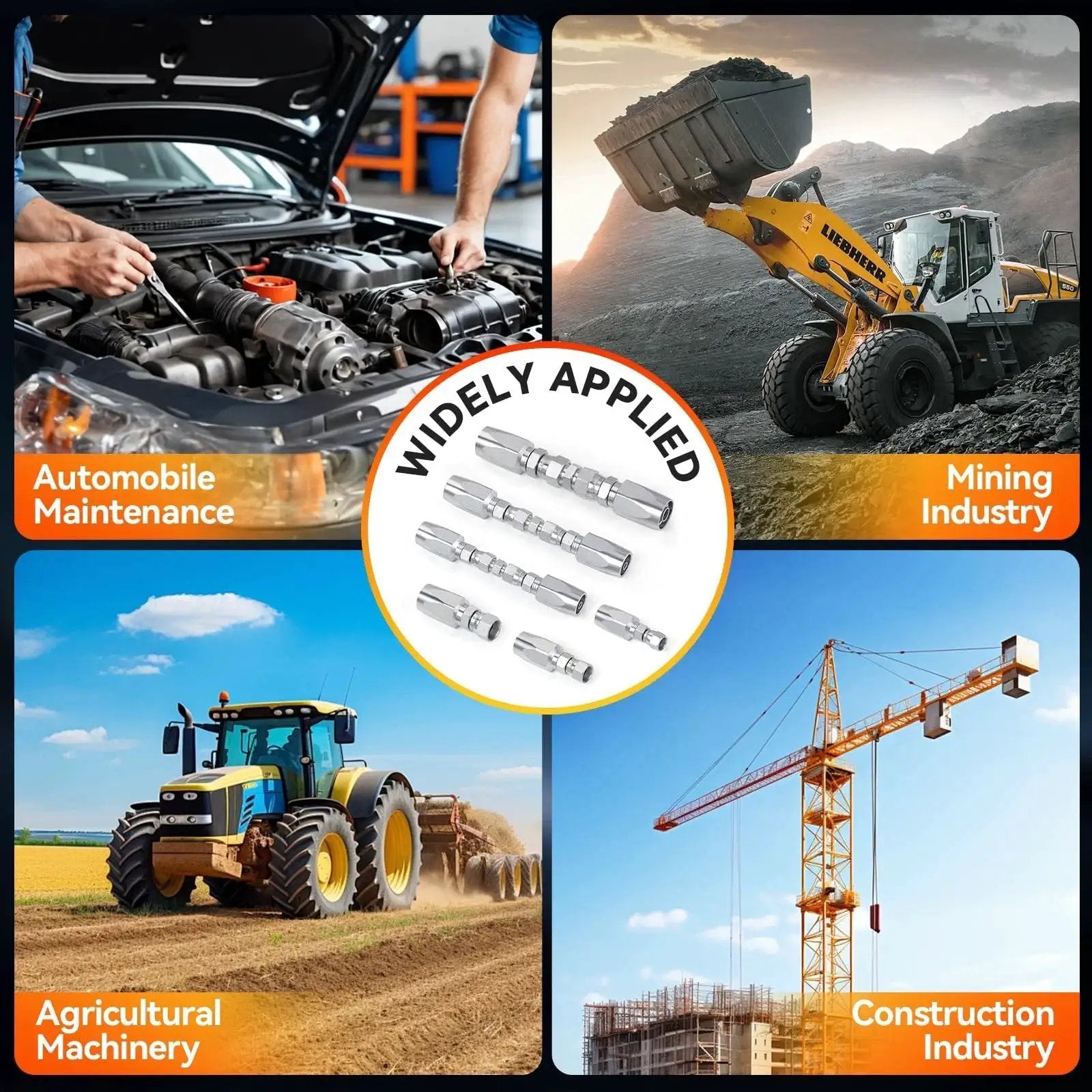 Hydraulic Hose Field Repair Kit With Three Diameters shown in use for automotive, mining, agricultural, and construction industries.