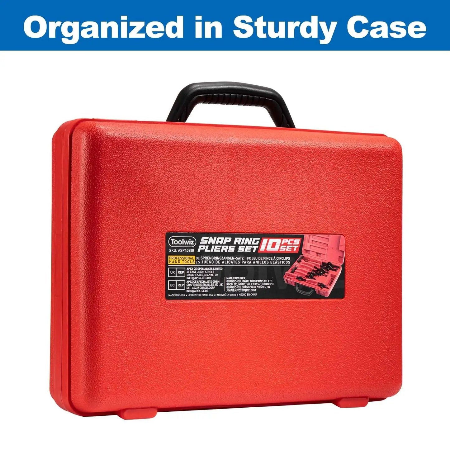 Red storage case for Snap Ring Pliers Set 10 Piece Kit For Internal And External Retaining Rings With Bent And Straight Tips Heavy Duty Automotive Tools