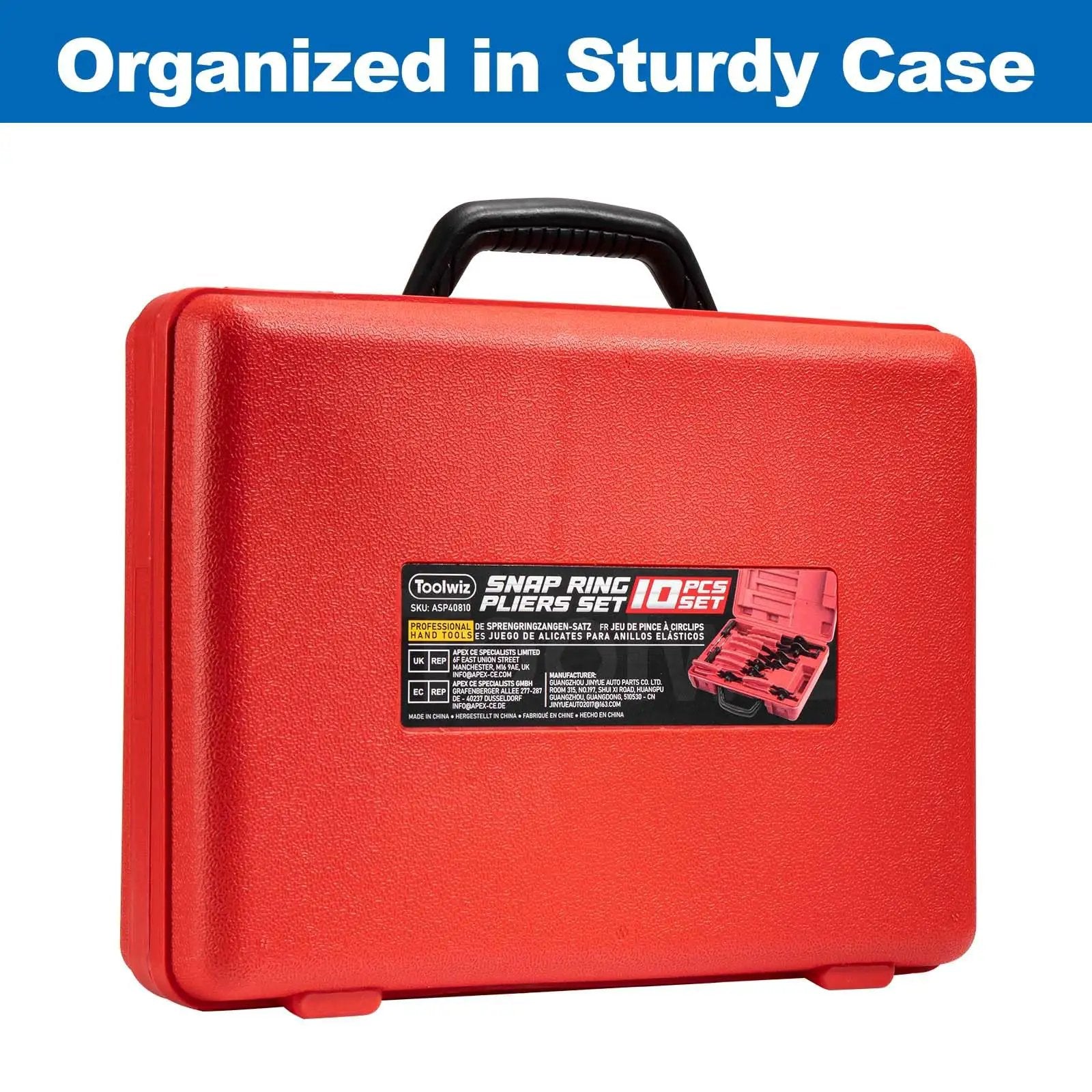Red storage case for Snap Ring Pliers Set 10 Piece Kit For Internal And External Retaining Rings With Bent And Straight Tips Heavy Duty Automotive Tools