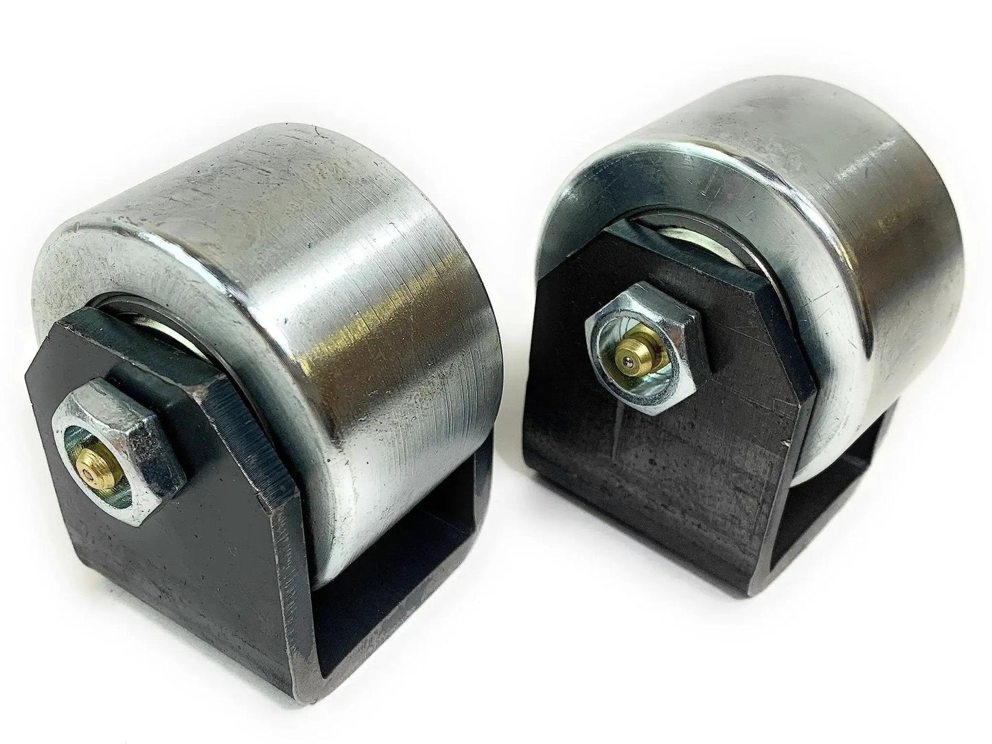 Set Of 2 Weld On Trailer Tail Drag Casters With Solid Steel Rollers And Greasable Axle 1.5 Inch Wide For Motorhomes RVs 5th Wheels And Campers