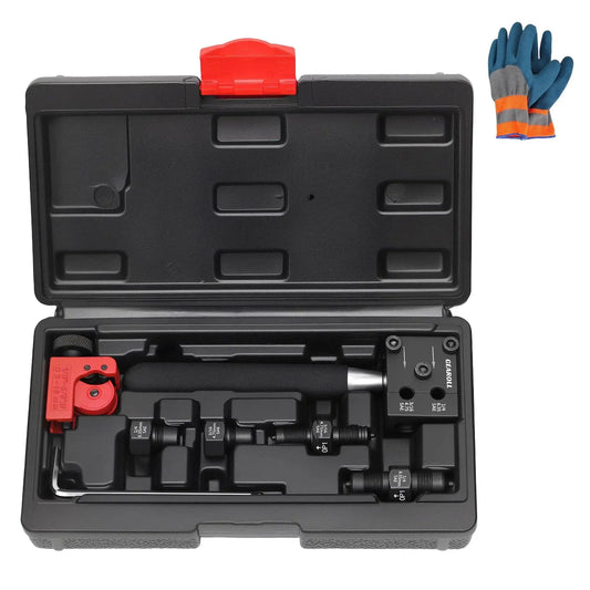 Brake Line Flaring Tool Kit For 3/16 And 1/4 Tubes With SAE 45 Degree Flares in open case with tools and gloves visible