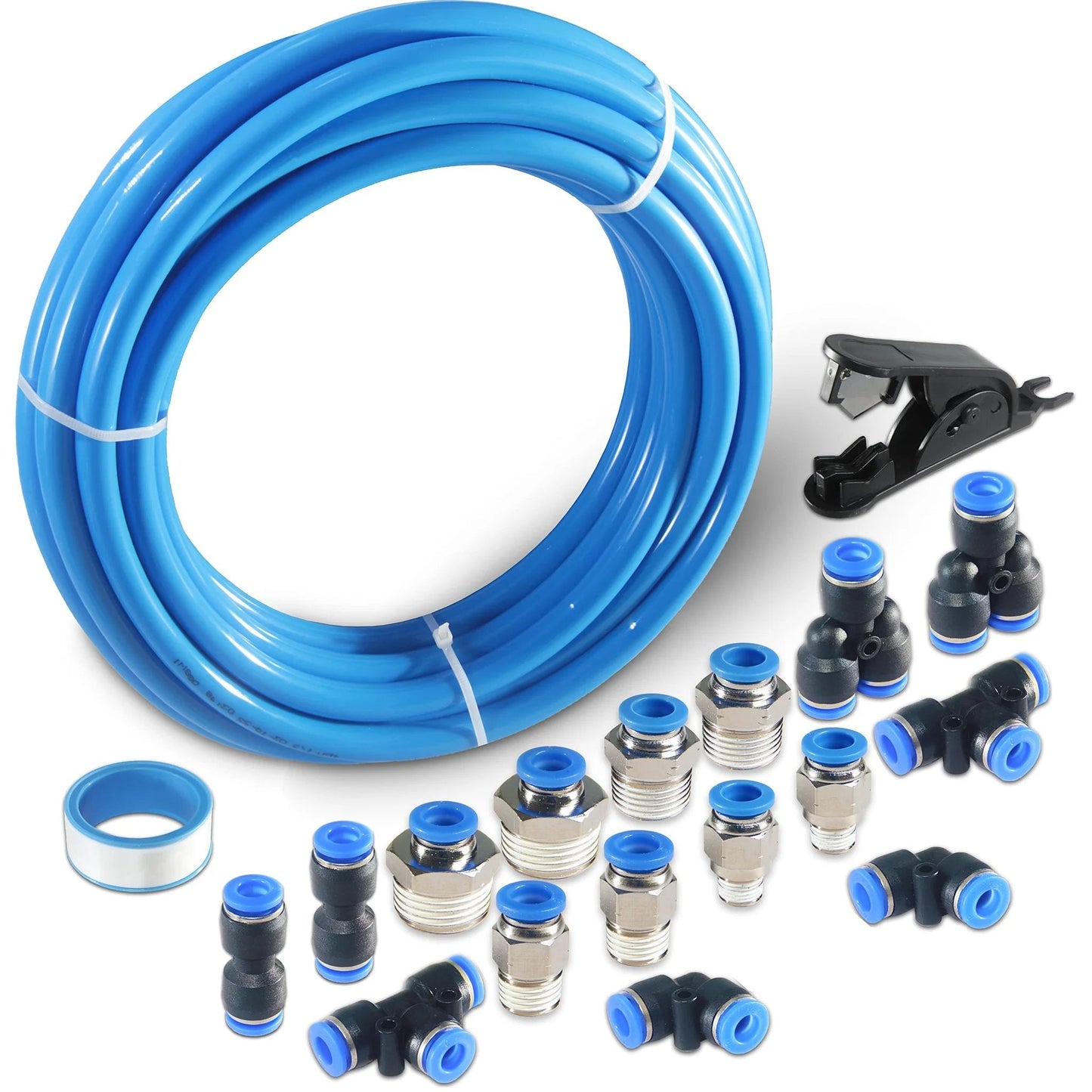 Blue Polyurethane Pneumatic Tubing For Air Tools And Fluid Transfer, 8mm Outer Diameter By 5mm Inner, 10 Meter Length 32.8ft, 0-145 PSI Working Pressure, -4F To 176F Temperature Range, Pro Grade PU Air Hose Kit From MSAEIQUN with fittings and cutter