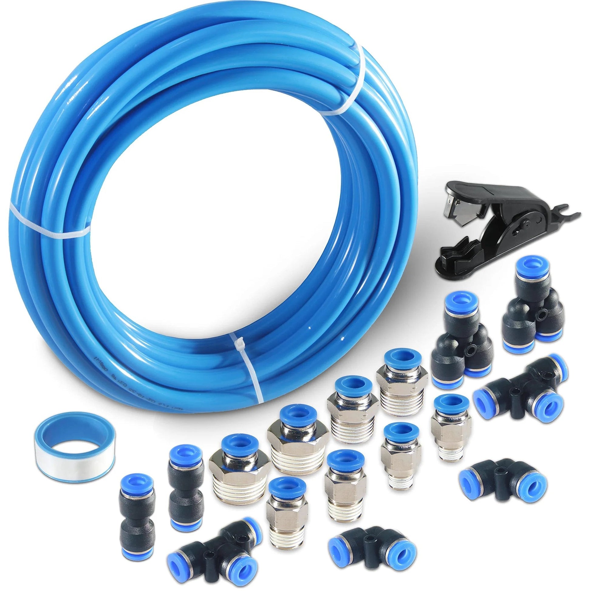 Blue Polyurethane Pneumatic Tubing For Air Tools And Fluid Transfer, 8mm Outer Diameter By 5mm Inner, 10 Meter Length 32.8ft, 0-145 PSI Working Pressure, -4F To 176F Temperature Range, Pro Grade PU Air Hose Kit From MSAEIQUN with fittings and cutter