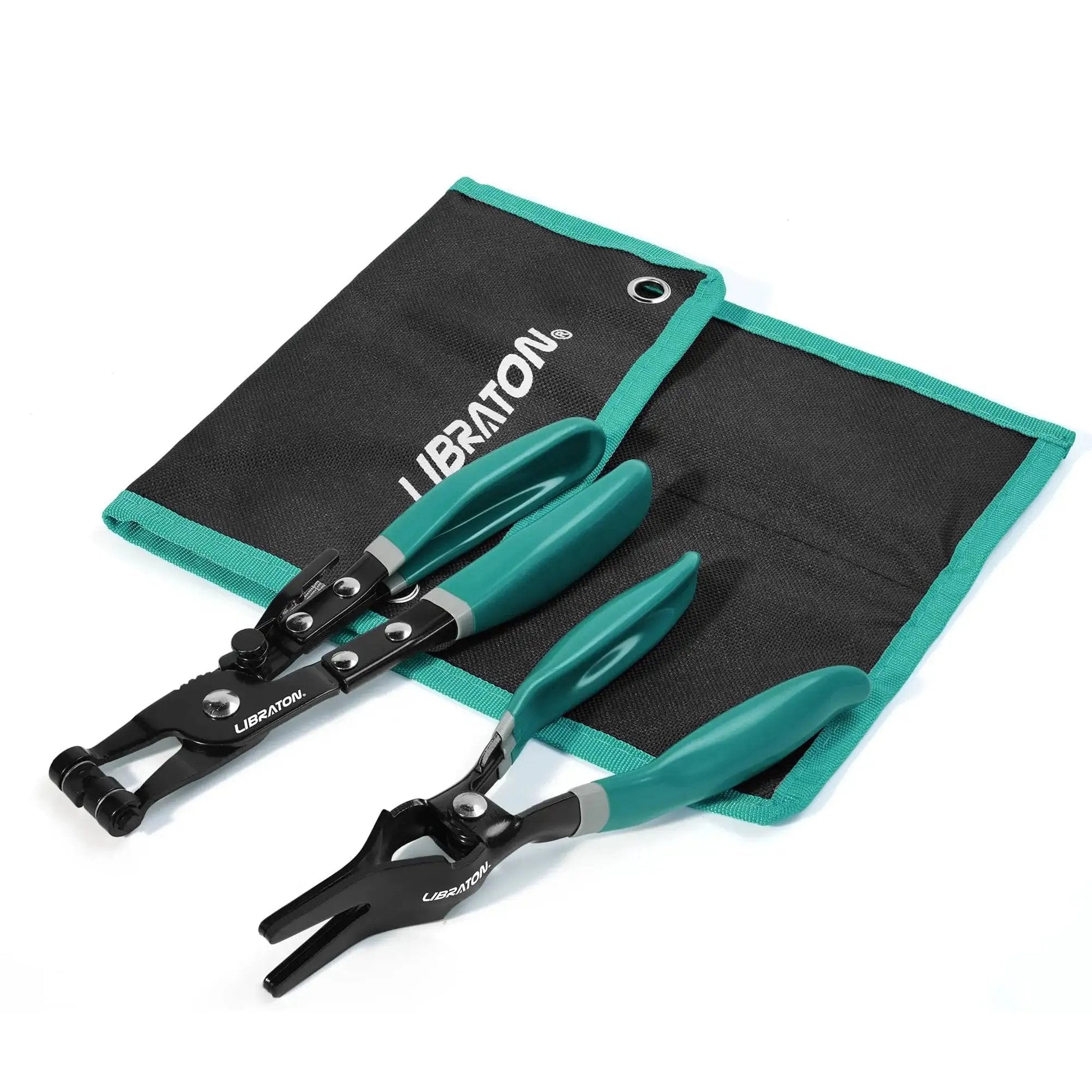 2 Piece Hose Clamp Pliers Set With Swivel Pliers For Removal And Installation shown with green handles and included pouch.