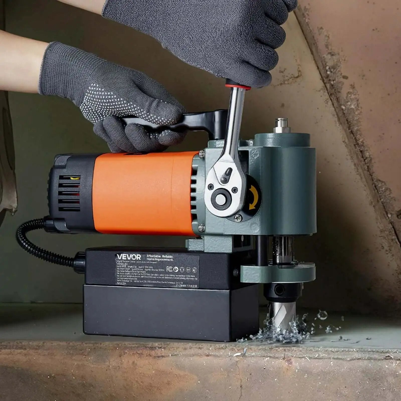 Low Profile Magnetic Drill Press With 1300W Power, 1.4 Inch Boring Capacity, Portable Weldon Shank Mag Drill in use on metal surface