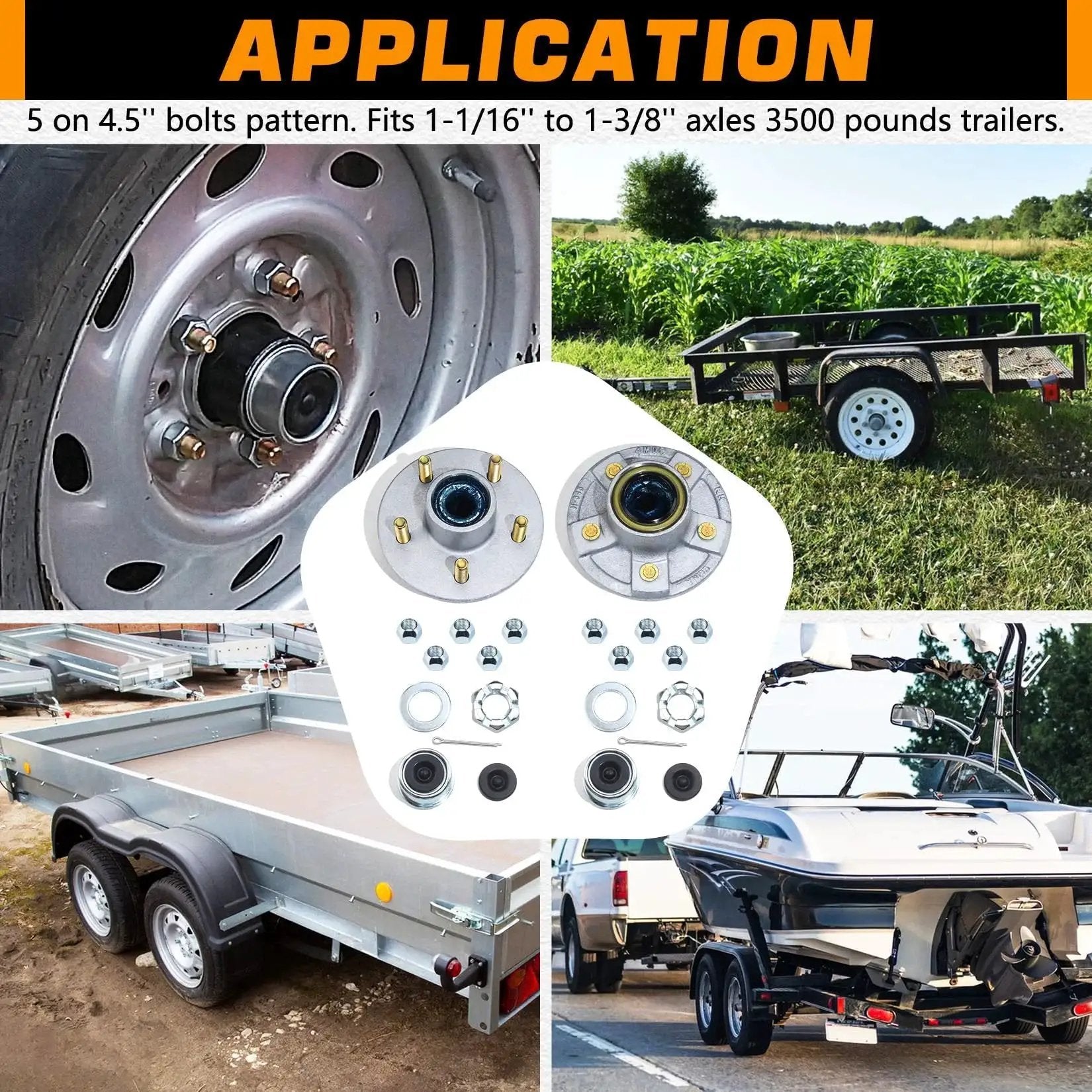5 On 4.5 Inch Galvanized Trailer Hub Kit For 3500 Lb Axles with multi-view installation on trailer and boat