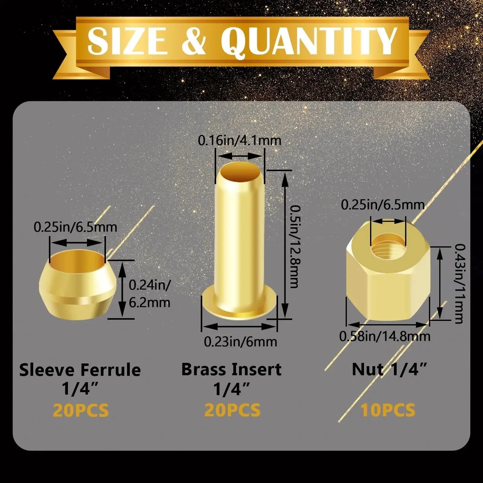 Size and quantity of brass compression fittings in the 50 piece kit, showing sleeve ferrule, brass insert, and nut with dimensions.