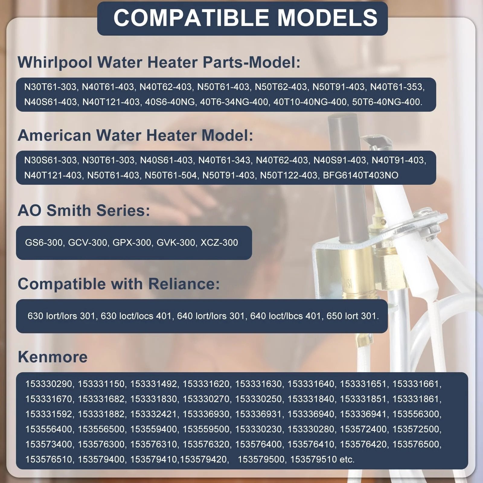 Water Heater Pilot Assembly Replacement for 9007876 9007877 4067826 Thermopile with compatibility chart for multiple brands.